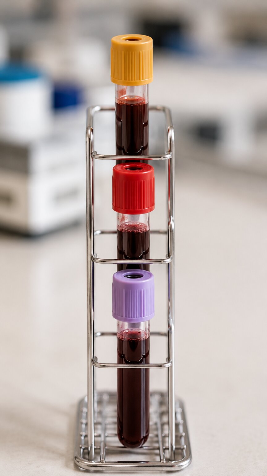 Row of labeled blood collection tubes representing a combined tumor marker panel used to monitor breast cancer