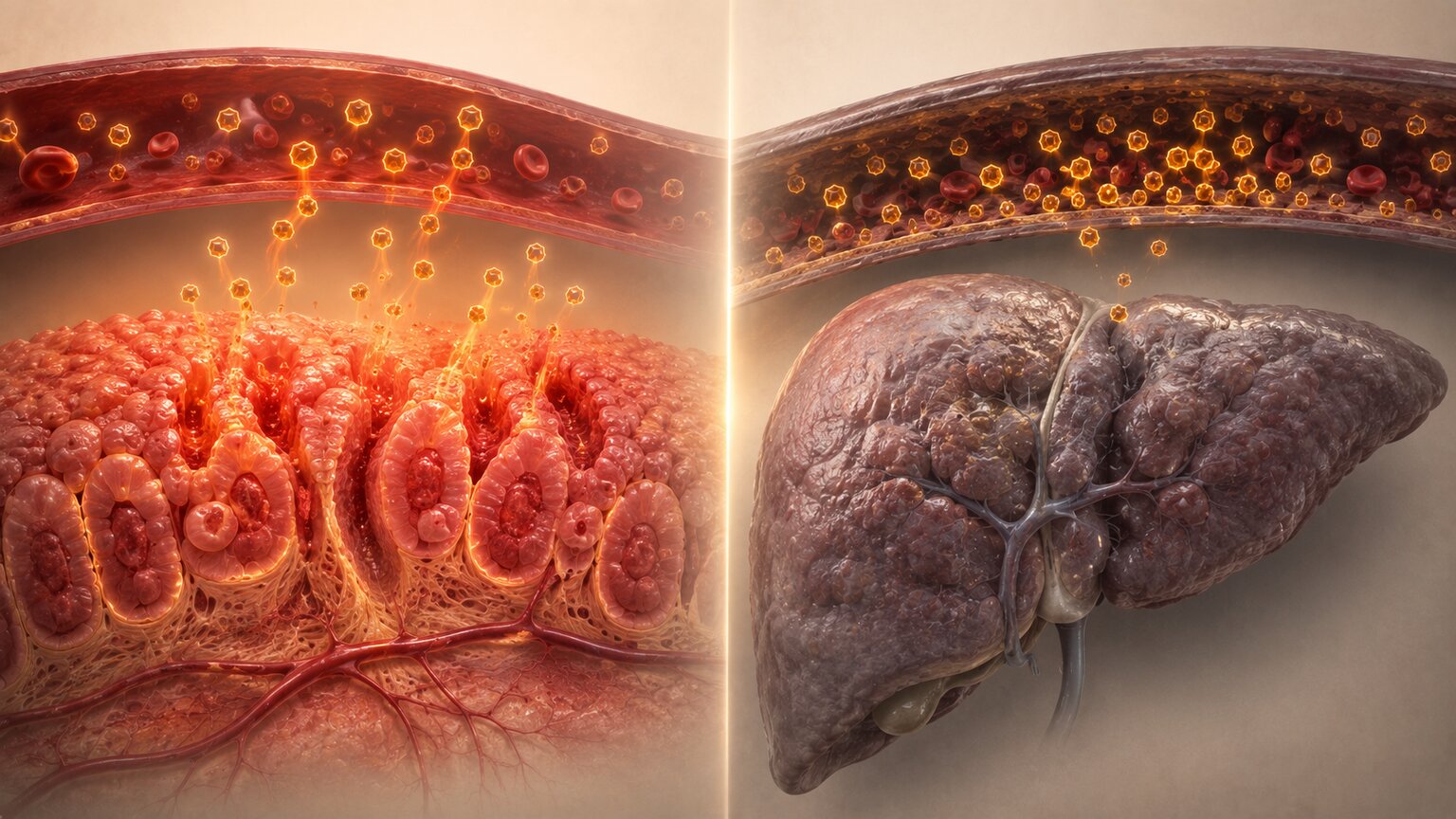 Split scientific illustration showing inflamed tissue producing extra CEA on one side and a sluggish liver failing to clear it on the other
