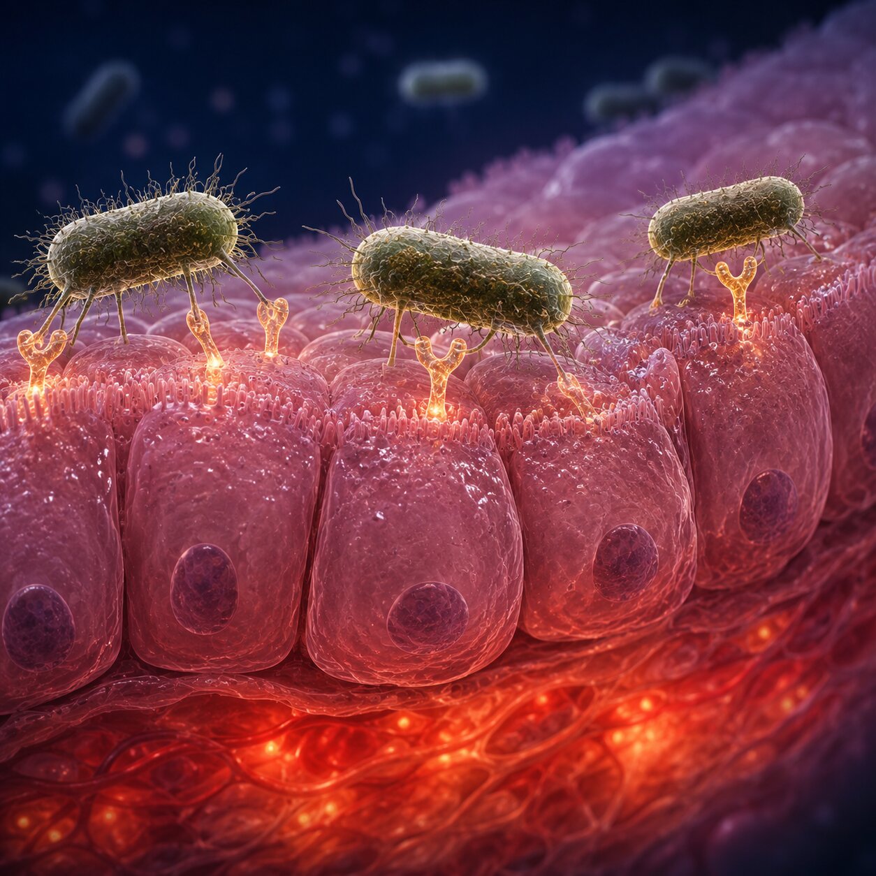 Microscopic scientific illustration of bacteria attaching to CEACAM receptor proteins on the surface of intestinal epithelial cells
