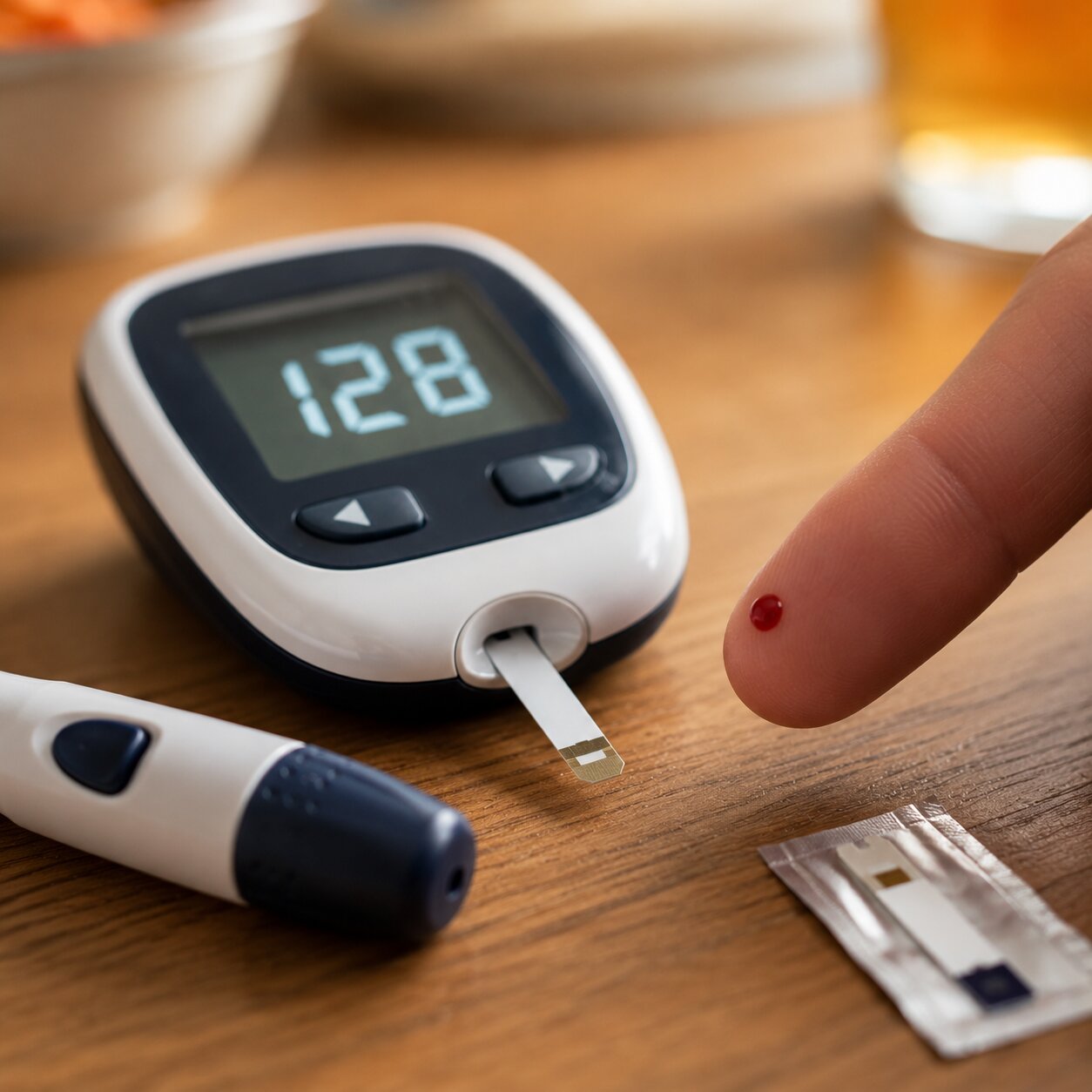 Close-up of a blood glucose meter displaying a reading beside a small drop of blood on a fingertip test strip