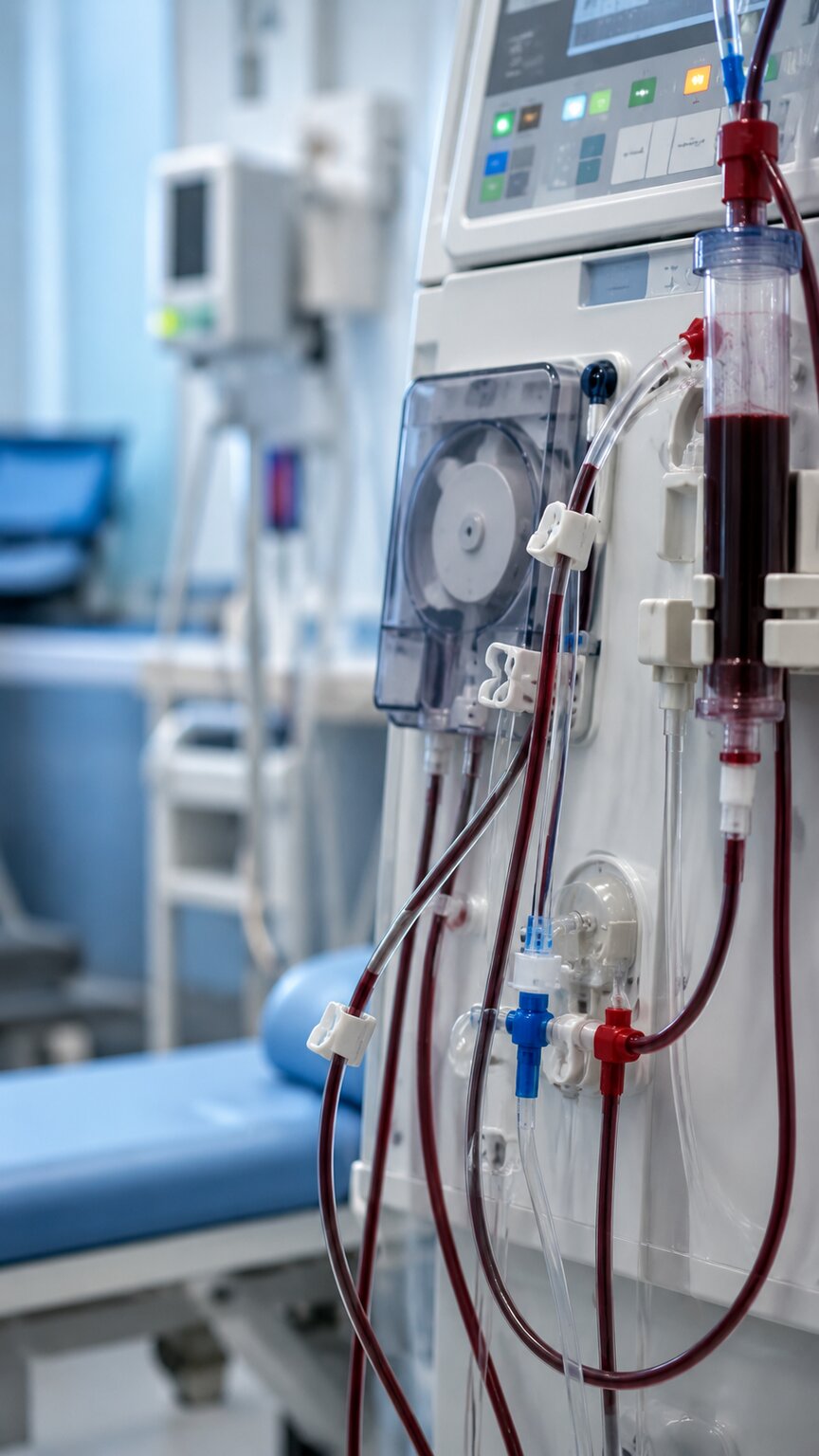 Close-up of dialysis machine tubing and monitoring equipment in a kidney treatment clinic