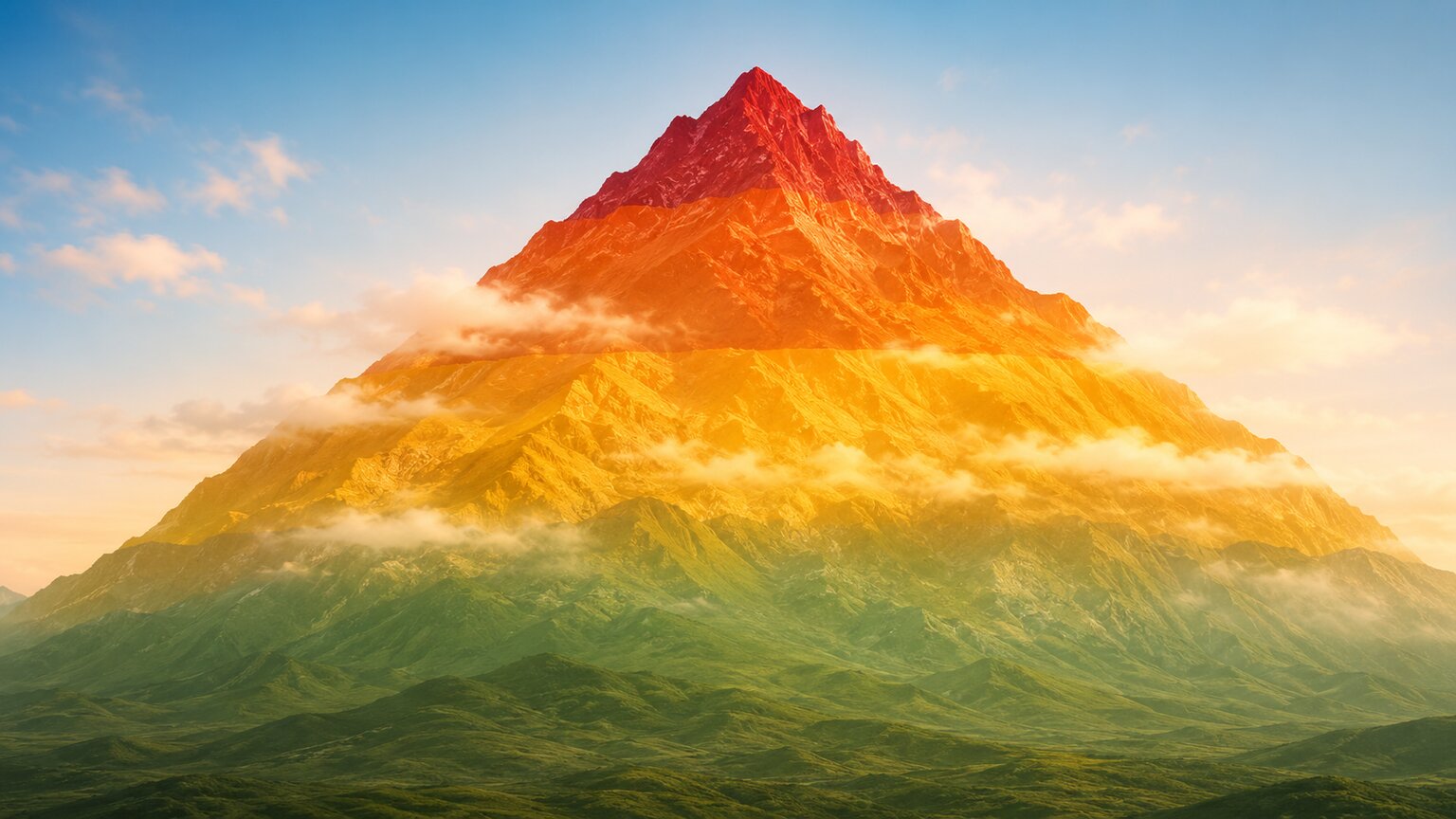 Editorial illustration of a stylized mountain range with color-graded elevation bands from green foothills to a red peak