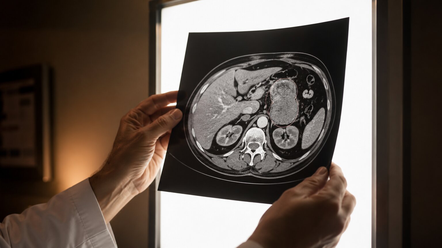 Radiologist's hands reviewing a CT scan image on a lightbox showing a measurable tumor mass
