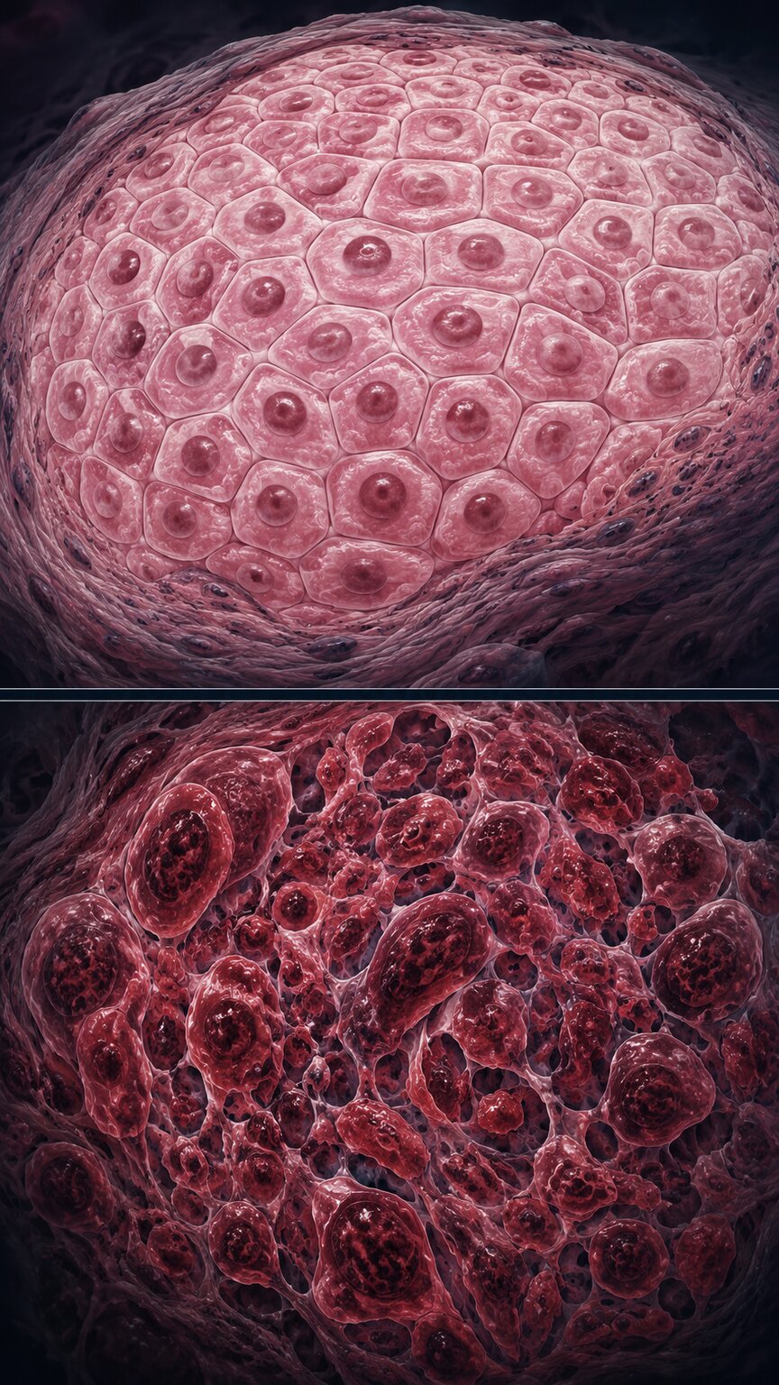 Scientific illustration comparing well-differentiated and poorly differentiated tumor cell structures side by side