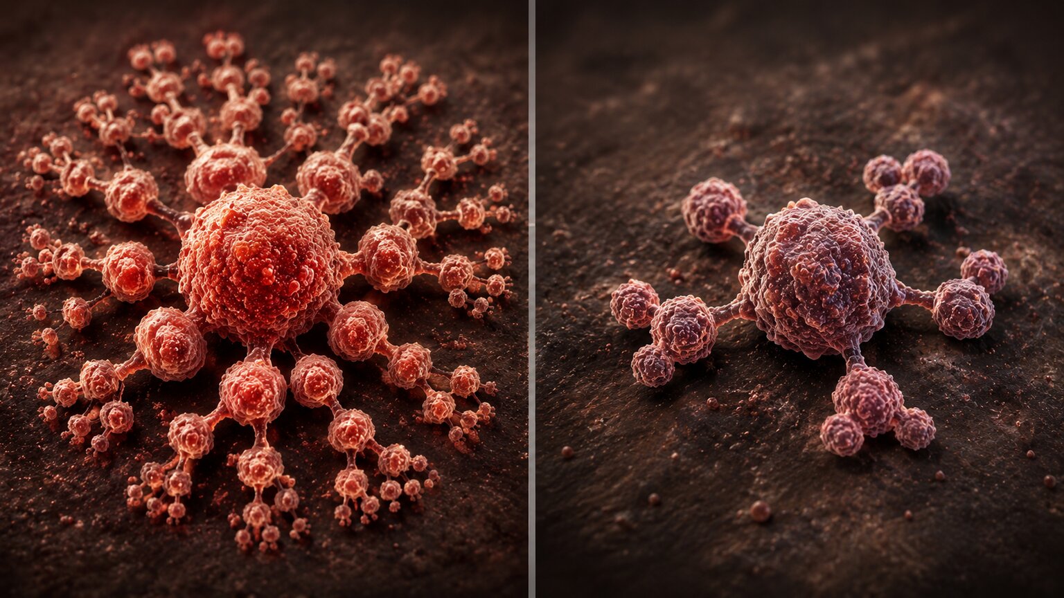 Split scientific illustration comparing a tumor cell cluster dividing rapidly through many generations against one dividing