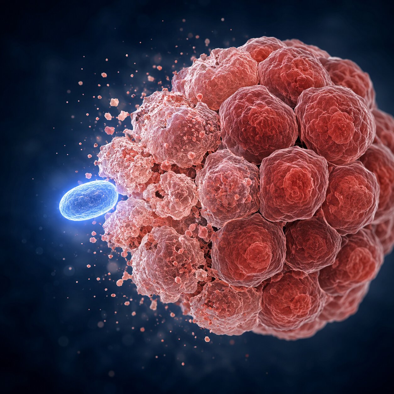 Scientific illustration of a small tumor cell cluster visibly shrinking and dissolving under exposure to a therapeutic drug
