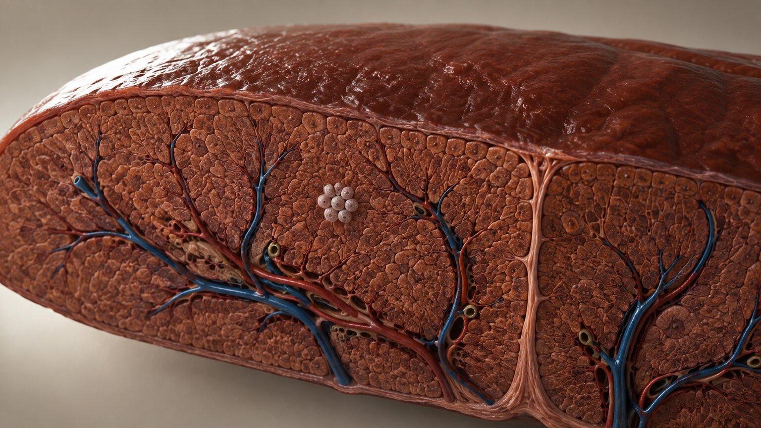 Scientific illustration of a tiny early cluster of metastatic cells just beginning to form within otherwise healthy liver
