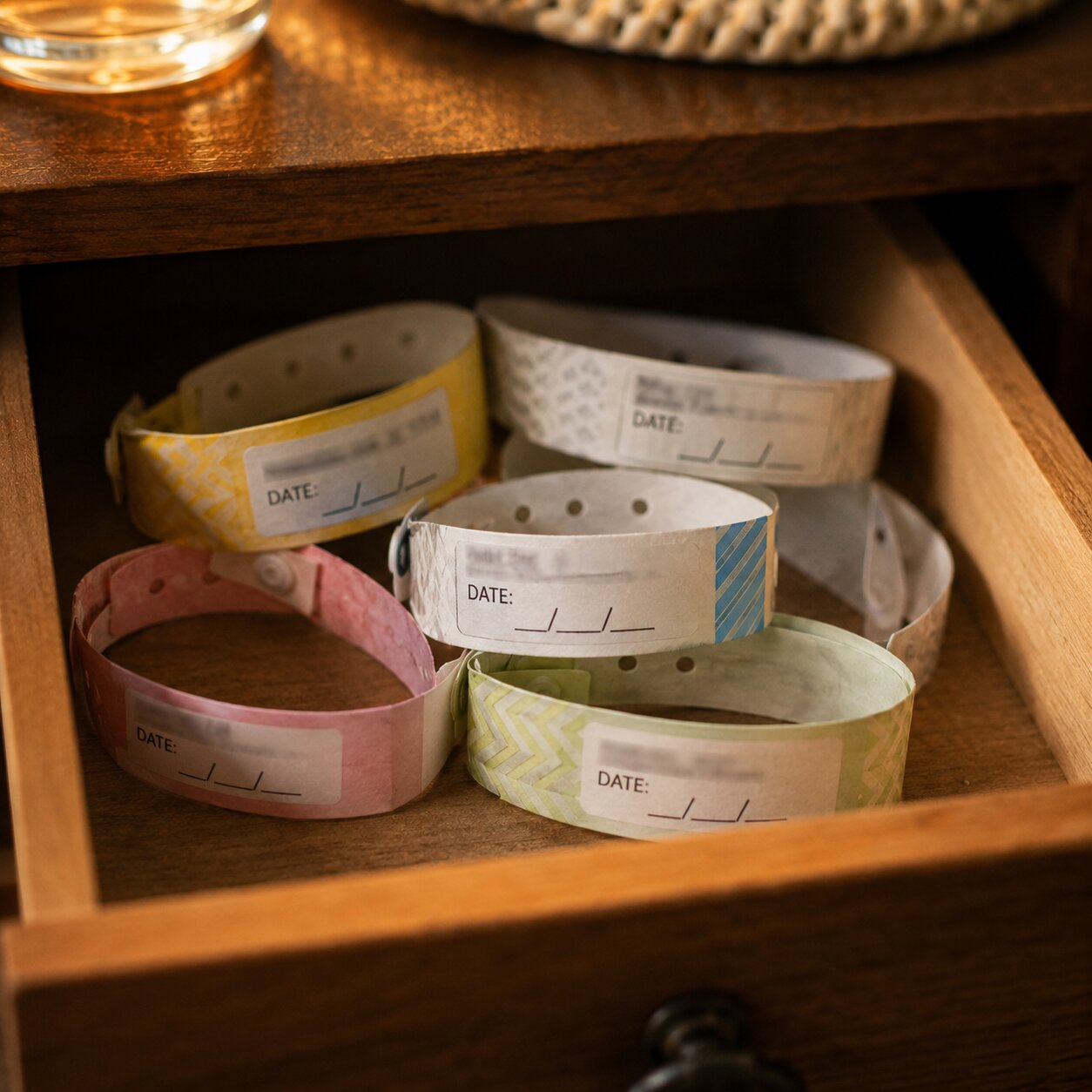 A small collection of dated hospital ID wristbands from several different visits, kept together in a drawer