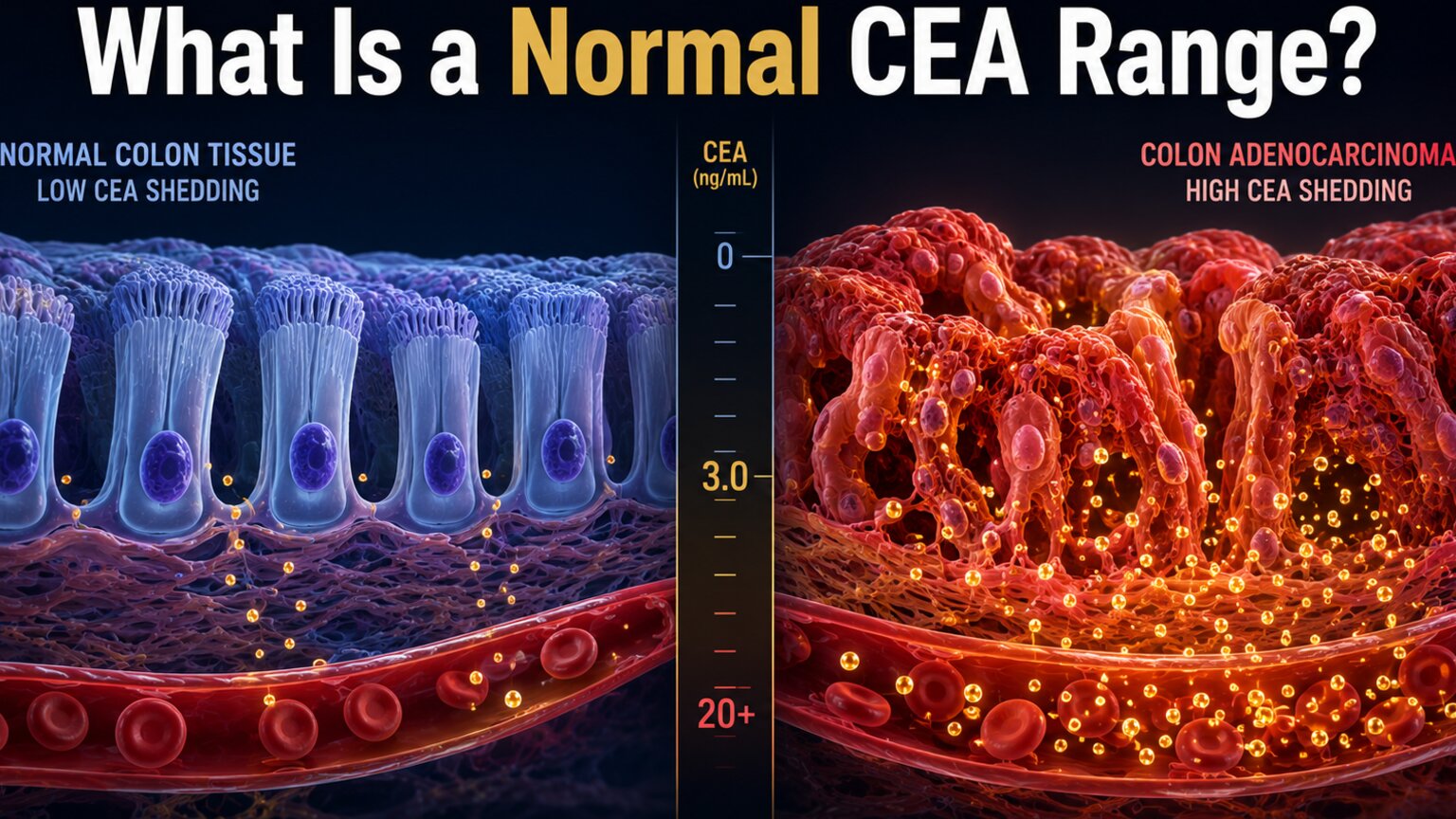 Split scientific illustration comparing healthy colon cells shedding trace CEA versus tumor cells shedding excess CEA