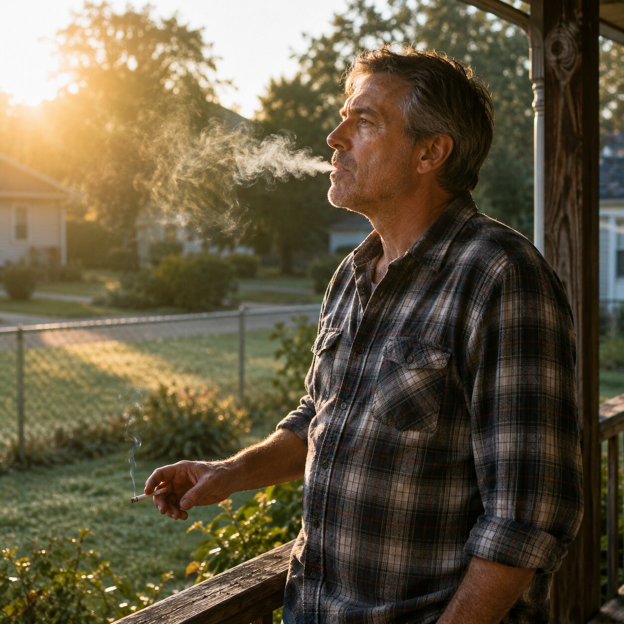 Person in their 50s exhaling cigarette smoke on a porch in early morning light, illustrating how smoking raises baseline CEA