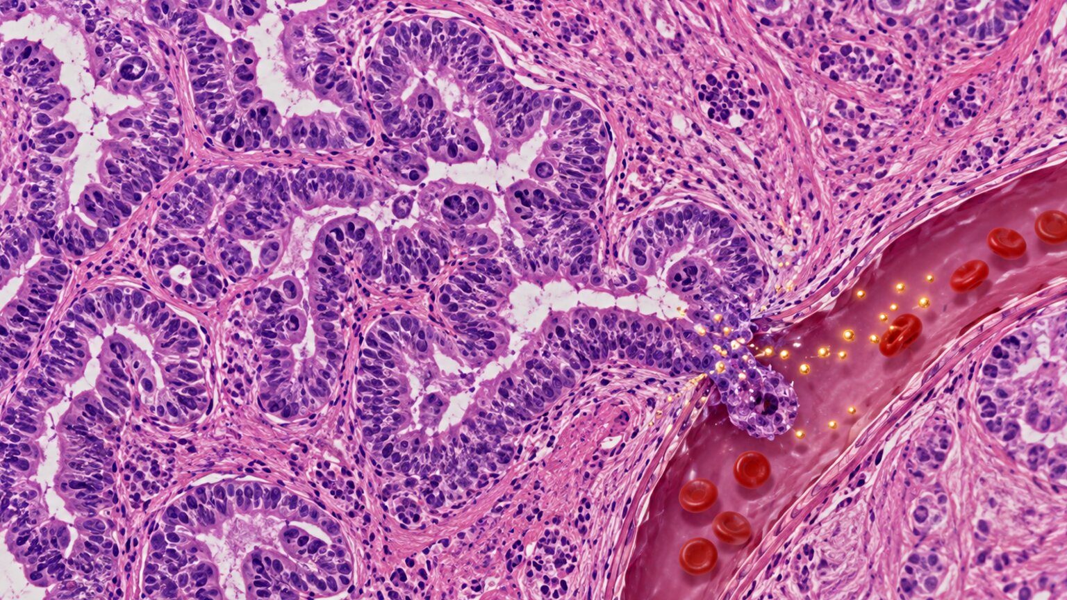 Stained histology-style illustration of colon adenocarcinoma glandular tissue budding into a blood vessel, showing CEA source tissue