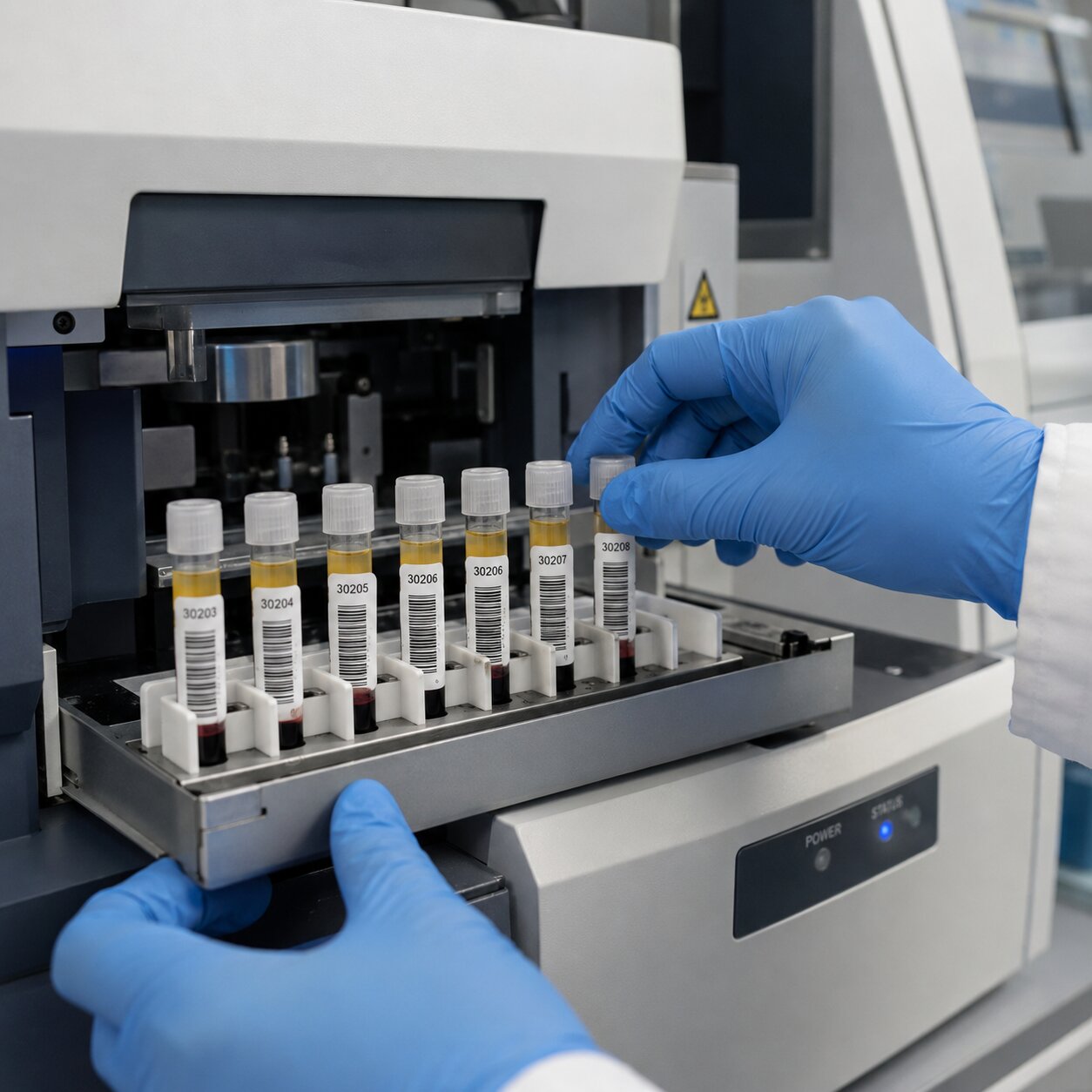 Gloved lab technician's hands loading serum sample tubes into a chemiluminescent immunoassay analyzer used to measure CEA