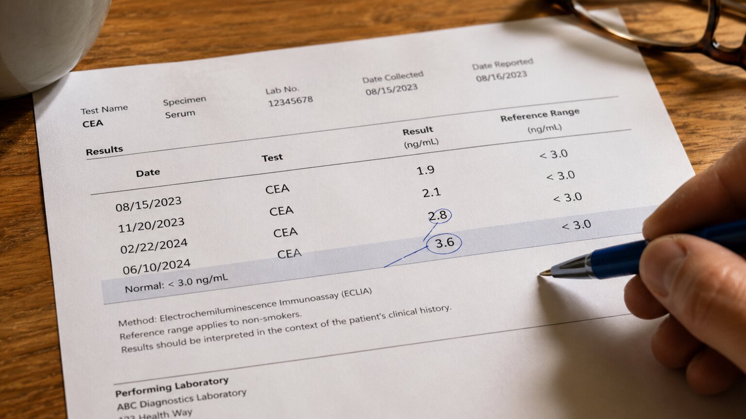 Close-up of a printed lab report showing a handwritten annotated series of CEA values across several months plotted against the reference line
