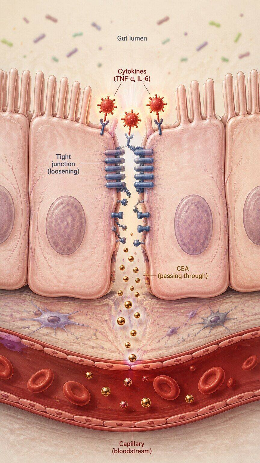 Scientific cross-section illustration of intestinal epithelial cells with cytokines loosening tight junctions between them