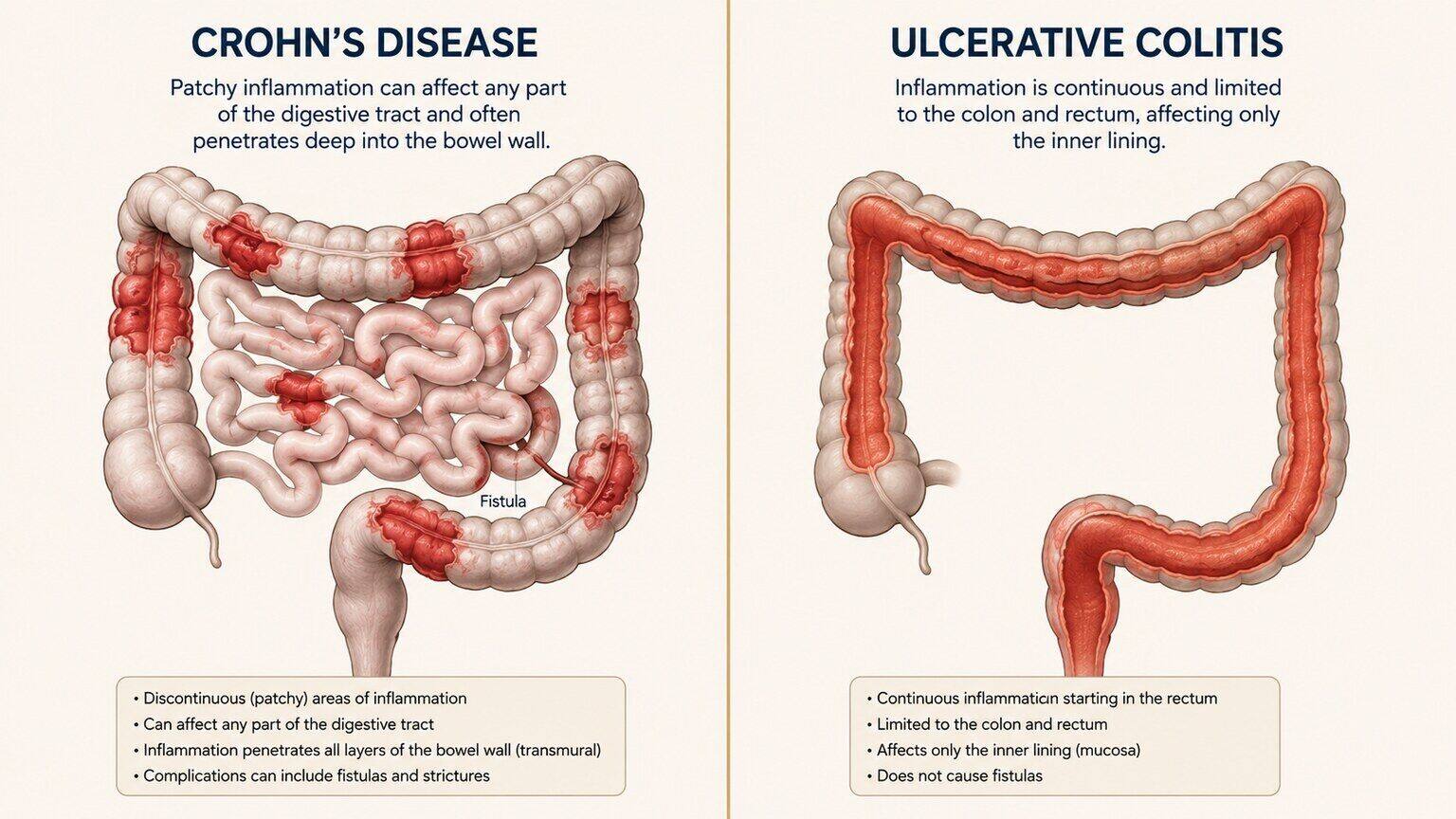 Medical illustration comparing patchy transmural Crohn's disease lesions with continuous surface-level ulcerative colitis inflammation