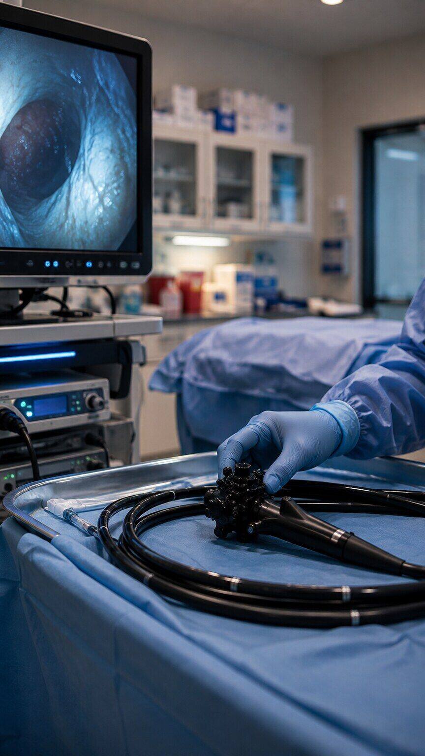 Clinical photograph of a gastroenterology suite prepared for a colonoscopy surveillance procedure with monitoring equipment visible