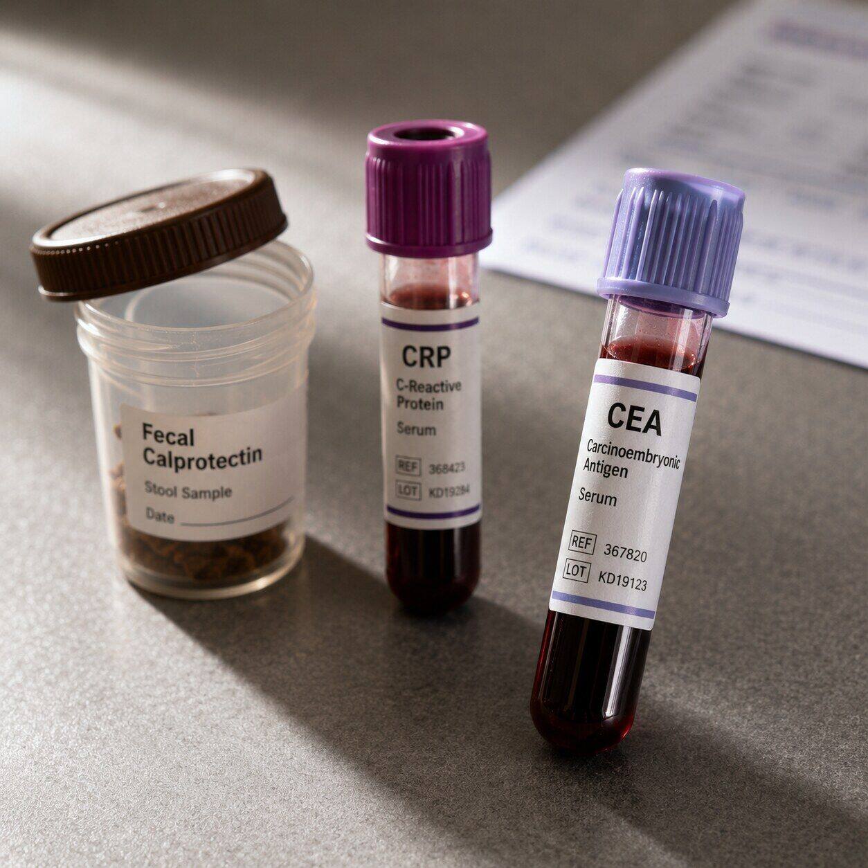 Close-up of three labeled blood and stool sample collection tubes representing calprotectin, CRP, and CEA testing side by side