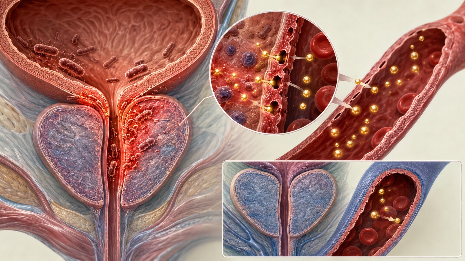 Scientific cross-section illustration of the bladder, urethra, and prostate showing bacteria and inflamed tissue releasing PSA into a blood vessel