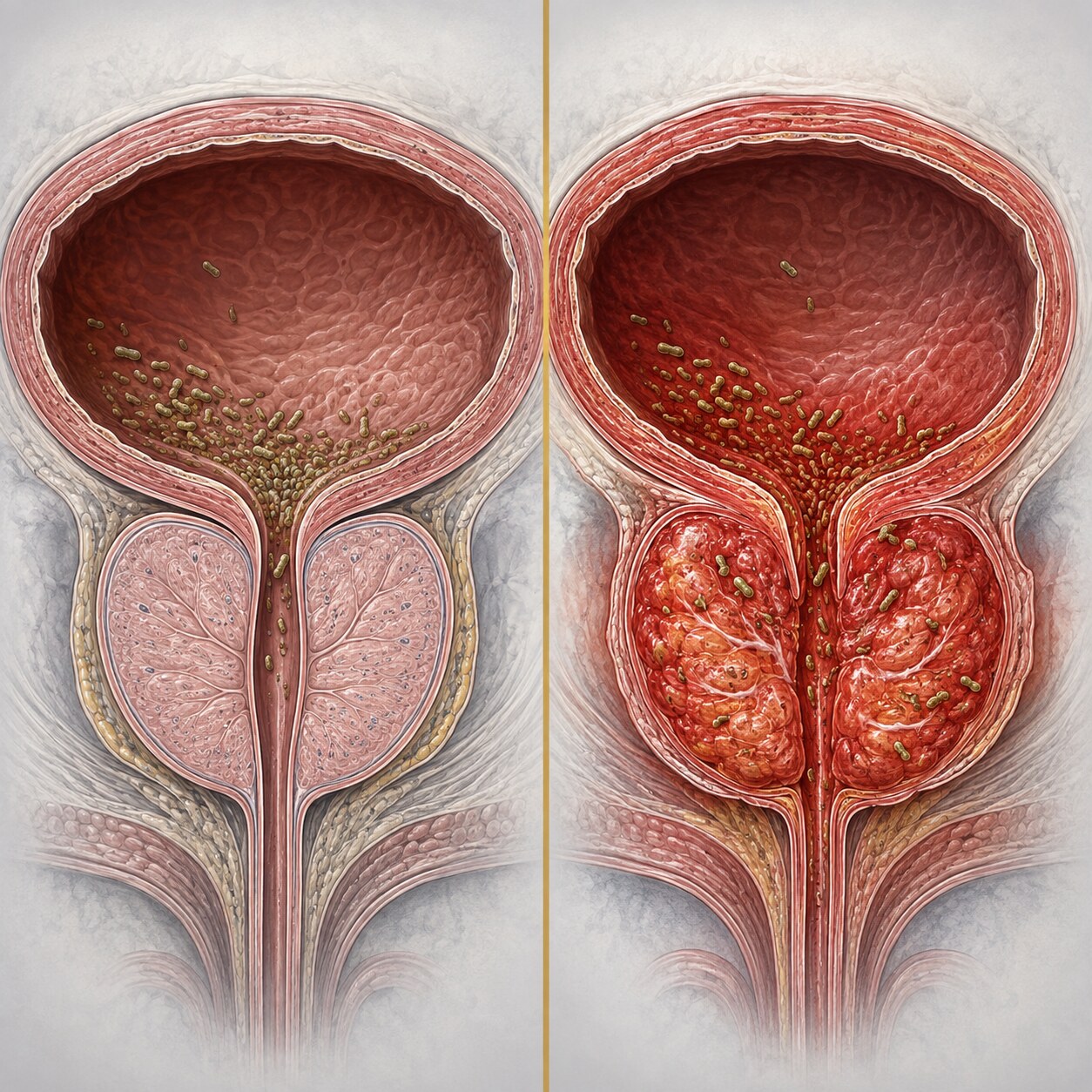 Anatomical illustration comparing a bladder infection confined to the urethra with bacterial infection spreading into the prostate gland