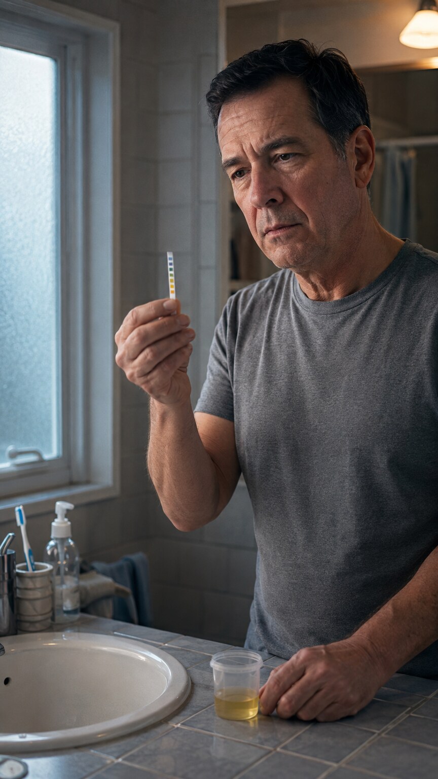 Man in his 50s at a bathroom sink in early morning light examining a home urine test strip for signs of infection