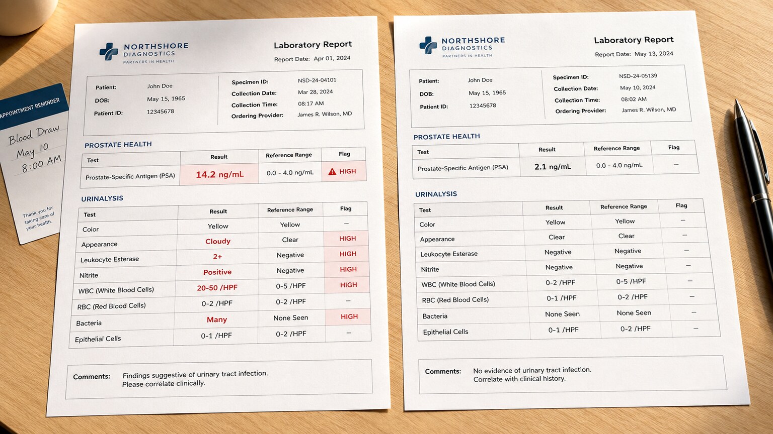 Two printed lab reports side by side showing a PSA value of 14.2 before antibiotic treatment and 2.1 after retesting six weeks later
