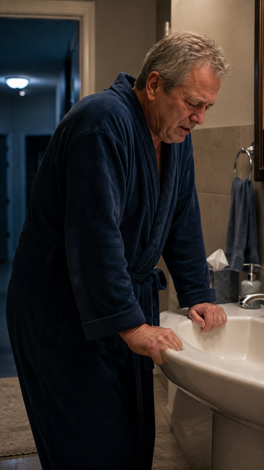 Man gripping the edge of a bathroom sink with a strained expression, illustrating the sudden urinary urgency and discomfort typical of a UTI
