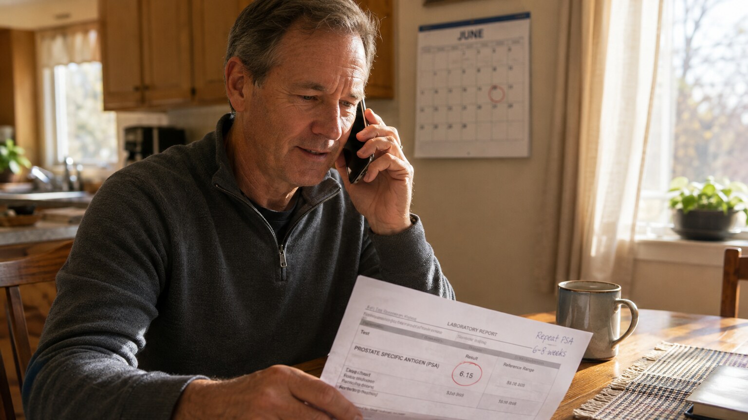 Man at a kitchen table on a phone call confirming a follow-up PSA blood test appointment six weeks after finishing antibiotics