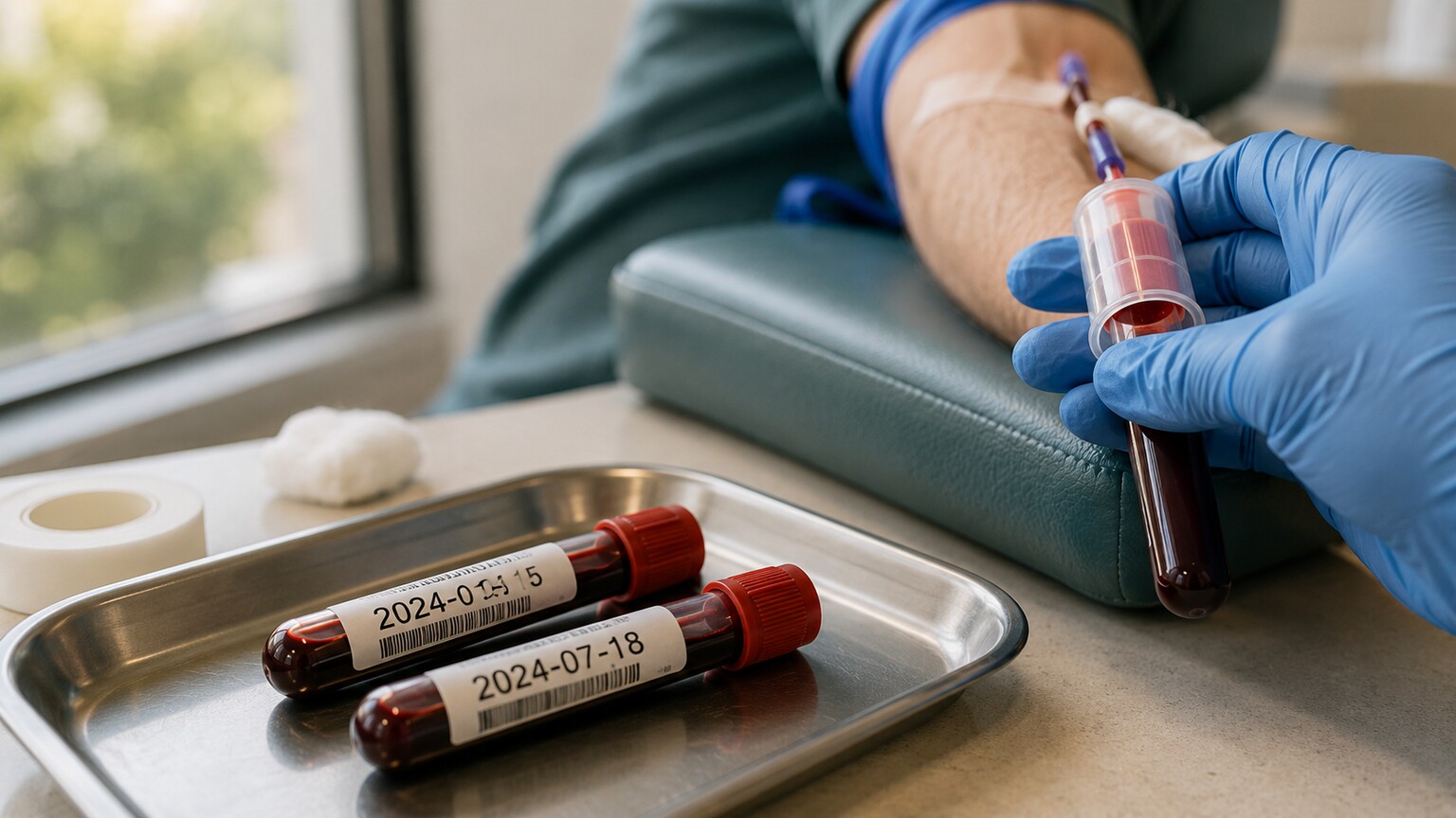 Phlebotomist drawing blood into a labeled vial for a repeat PSA test, with a prior dated vial visible beside it