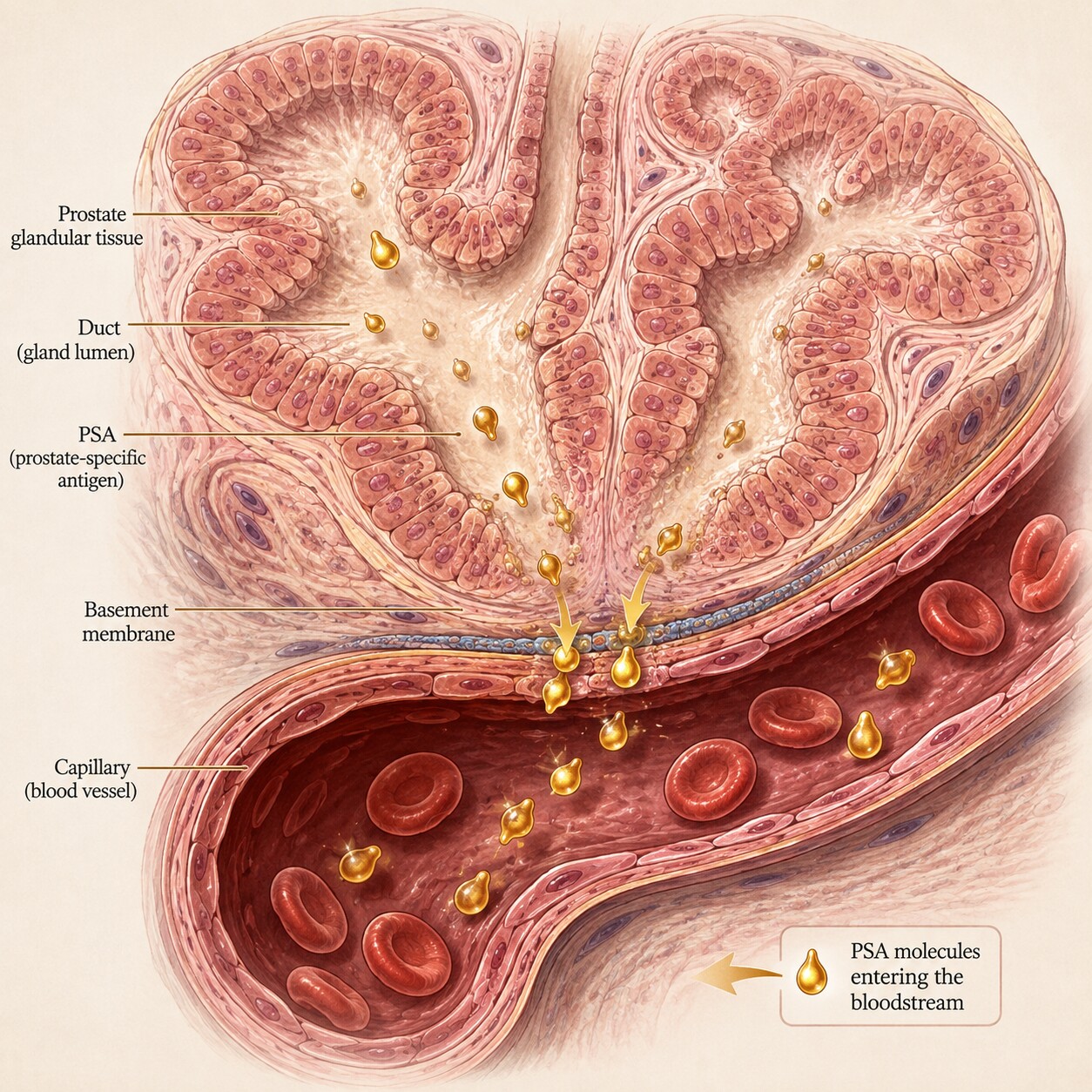 Cross-section illustration of the prostate gland showing PSA protein molecules leaking into surrounding capillaries