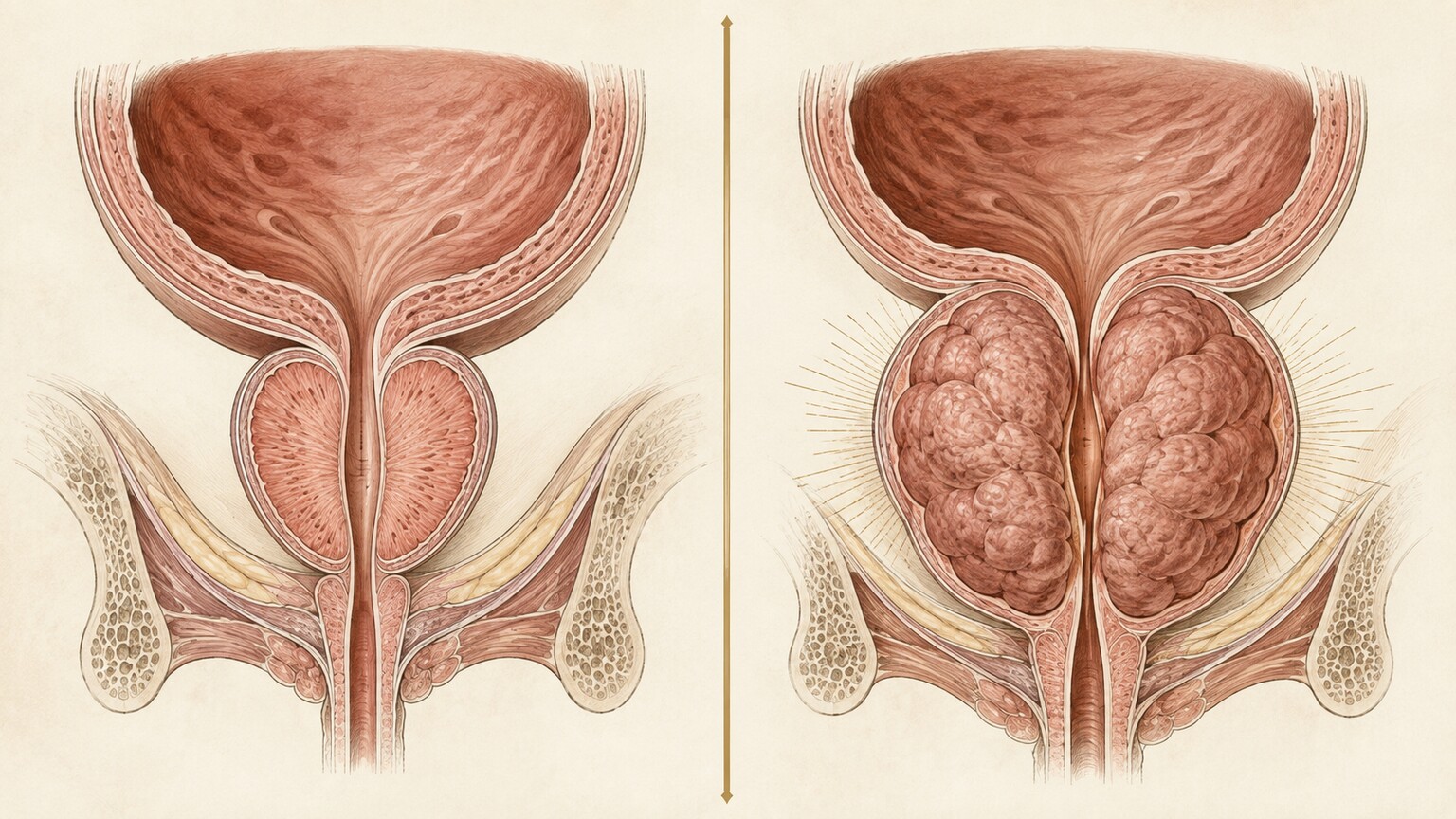 Side-by-side anatomical illustration comparing a normal-sized prostate to an enlarged prostate compressing the urethra