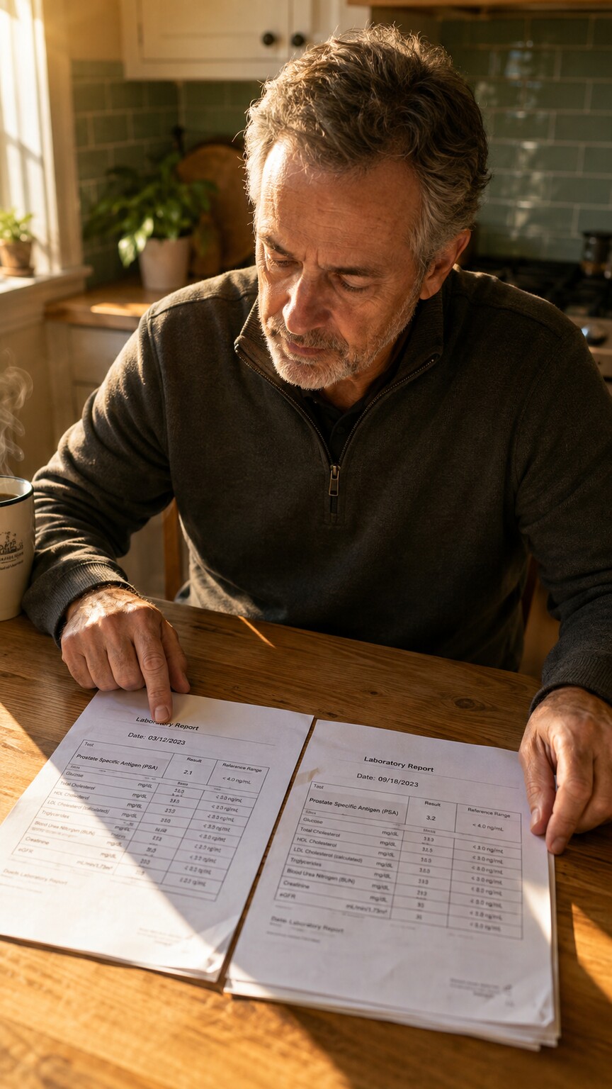 Man in his sixties at a kitchen table comparing two dated PSA lab reports side by side
