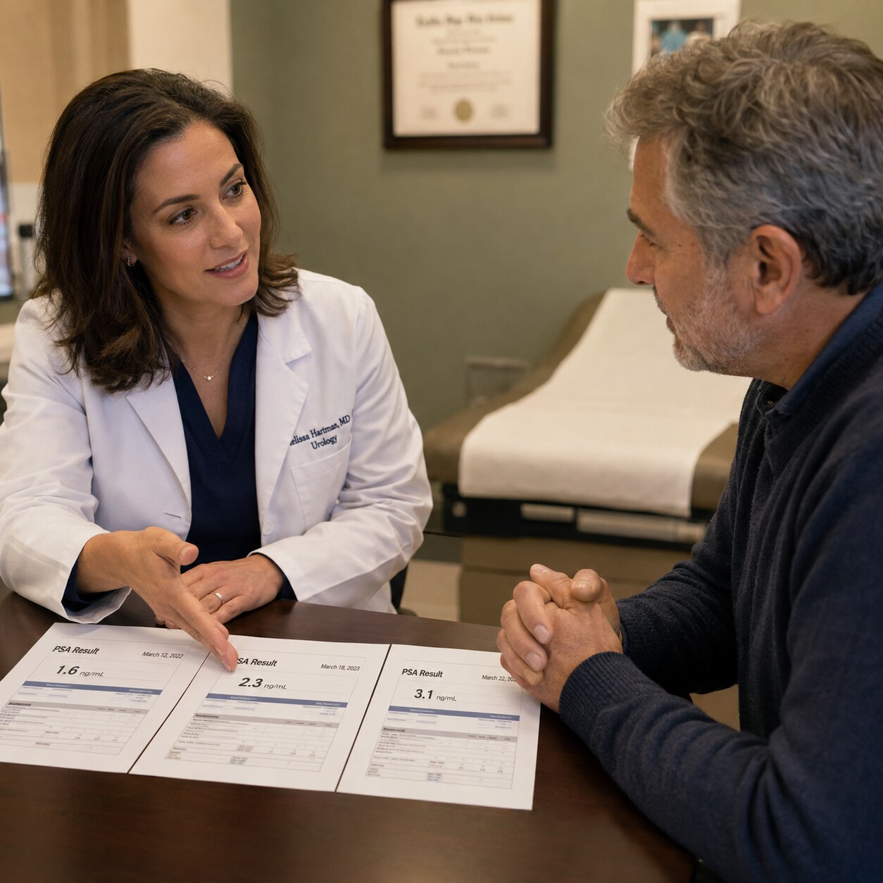 Urologist and patient reviewing a printed sequence of PSA test results together in an exam room
