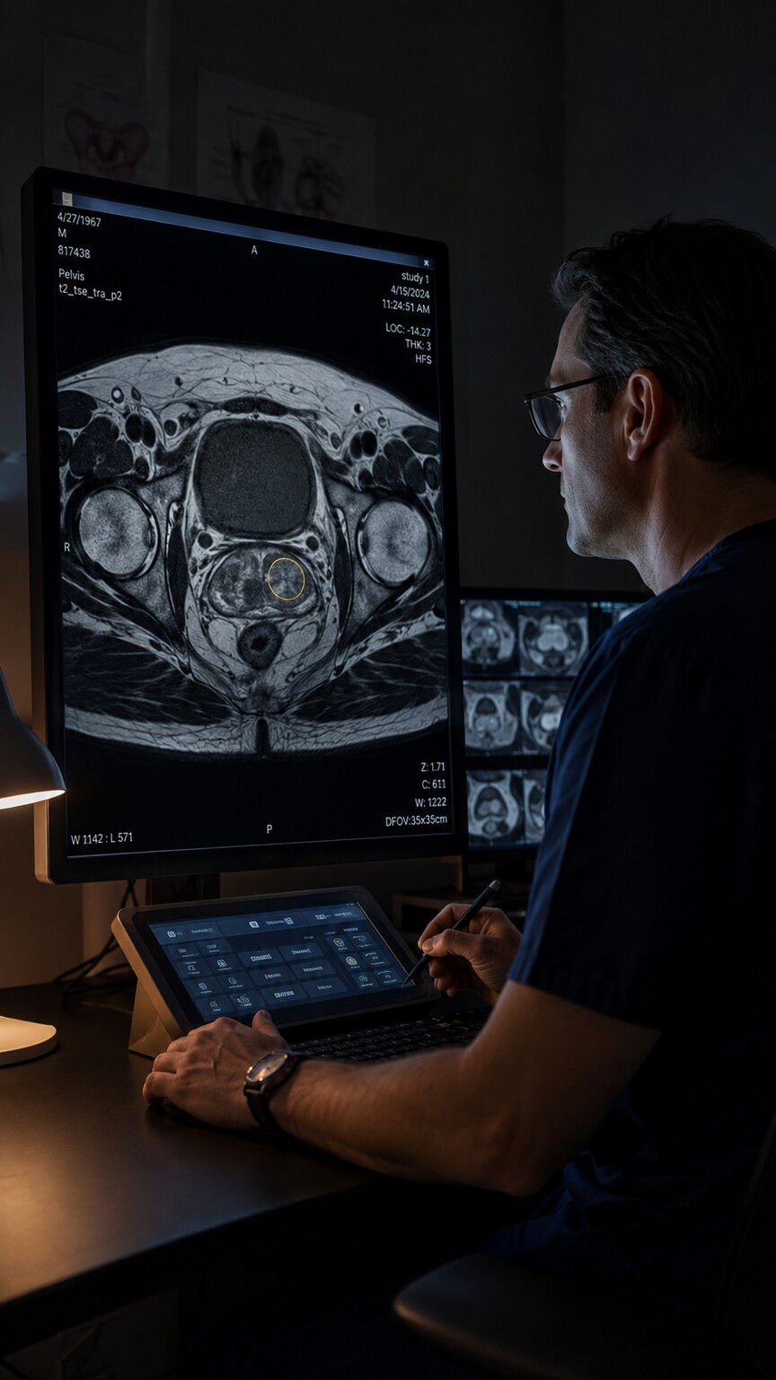 Radiologist reviewing a prostate MRI scan on a monitor to evaluate a rapidly rising PSA result