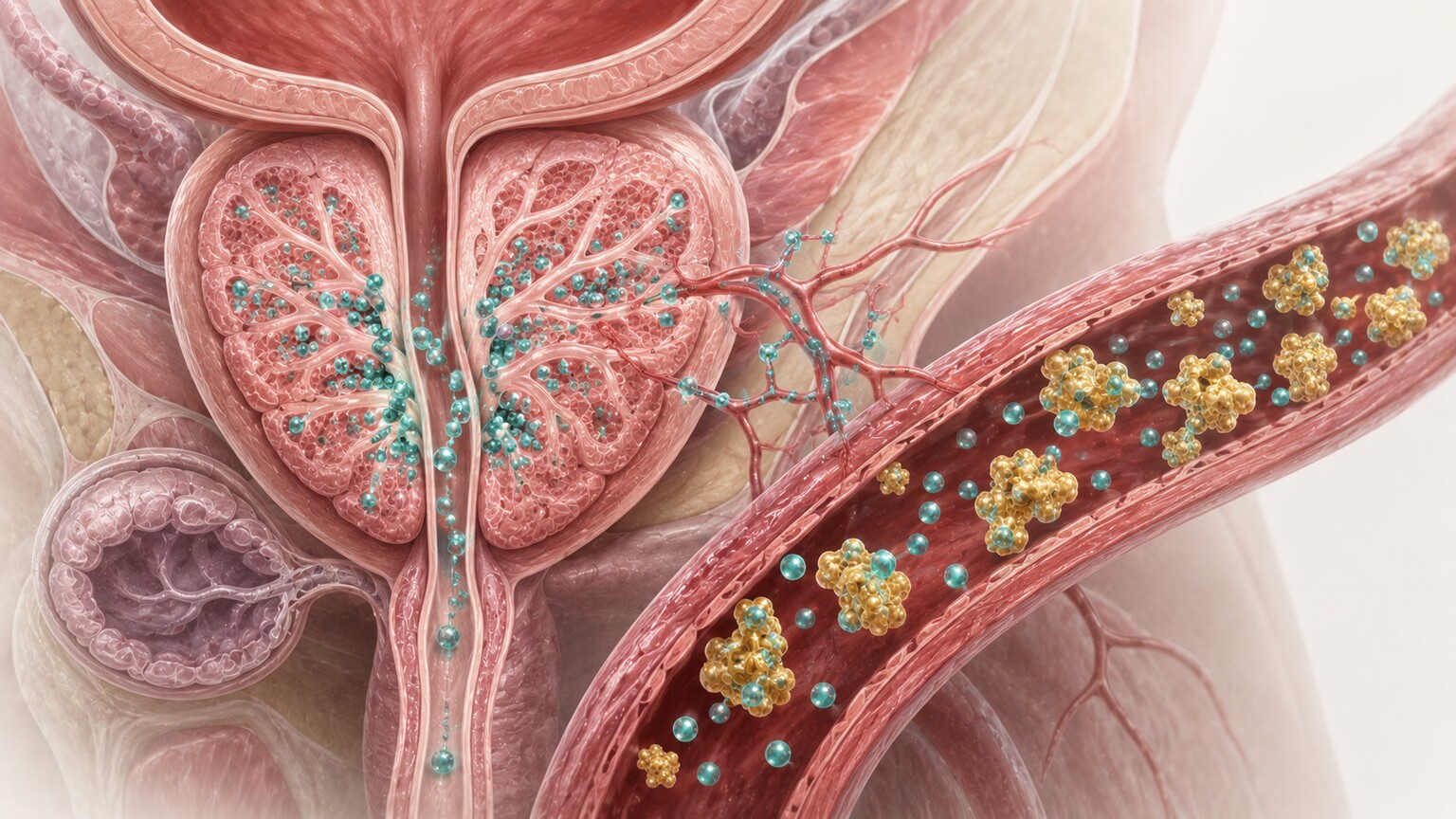 Scientific illustration of prostate gland cells releasing PSA molecules into blood vessels, some binding to a carrier protein