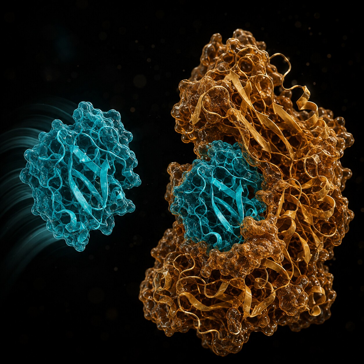 Close-up molecular illustration comparing a free-floating PSA molecule with a PSA molecule bound to alpha-1-antichymotrypsin