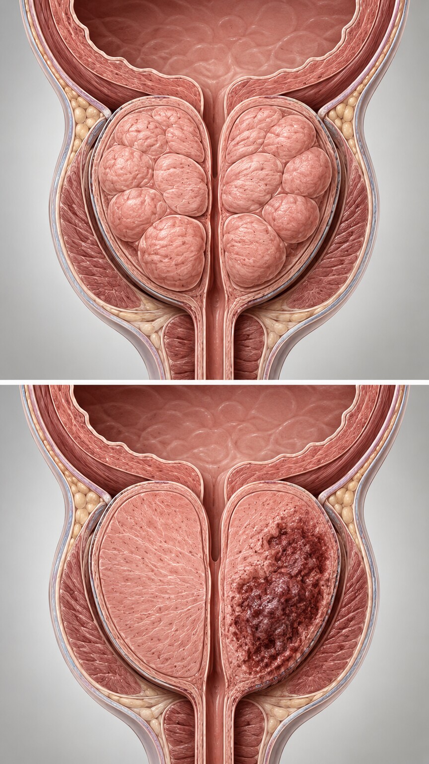 Anatomical cross-section illustration comparing a benign enlarged prostate with a prostate containing a cancerous tumor nodule