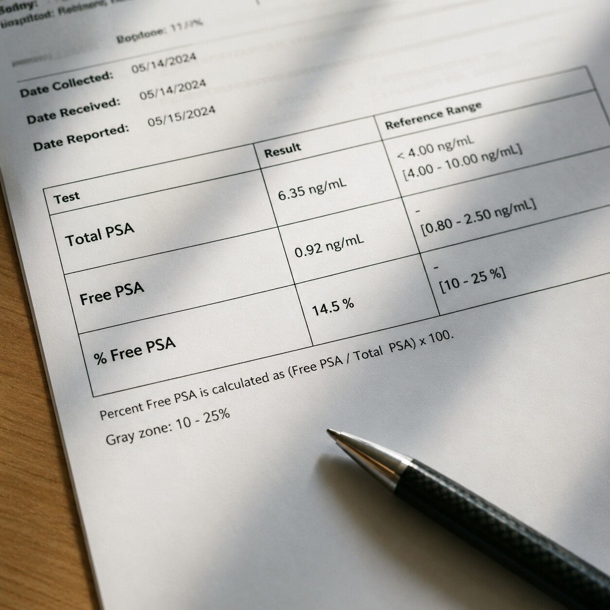 Close-up photo of a lab report showing total PSA, free PSA, and calculated percent free PSA values with reference ranges
