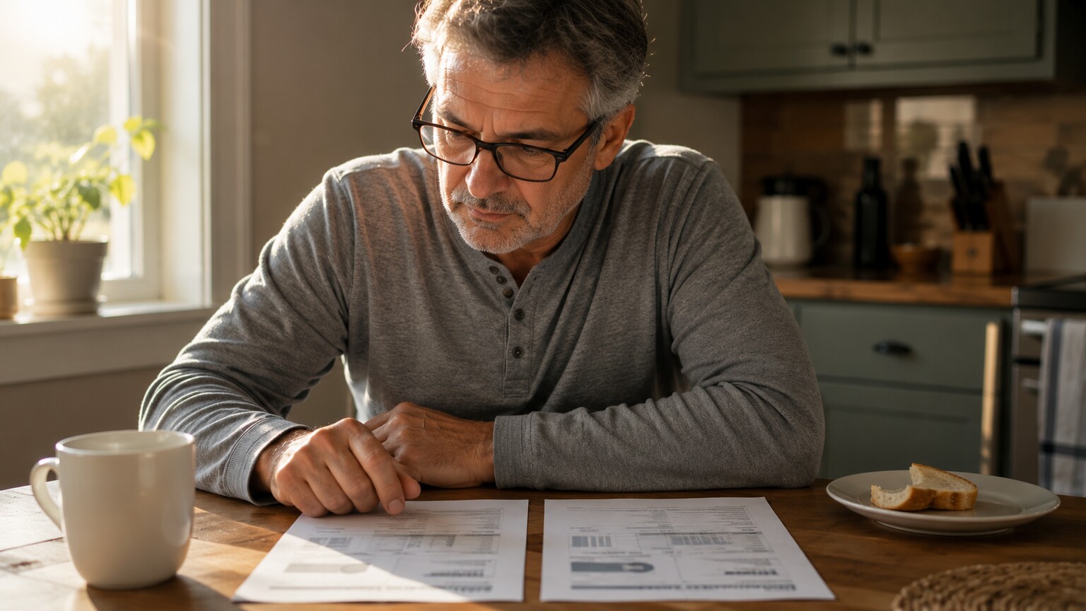 Photo of a man at his kitchen table in morning light reviewing two printed PSA lab reports side by side