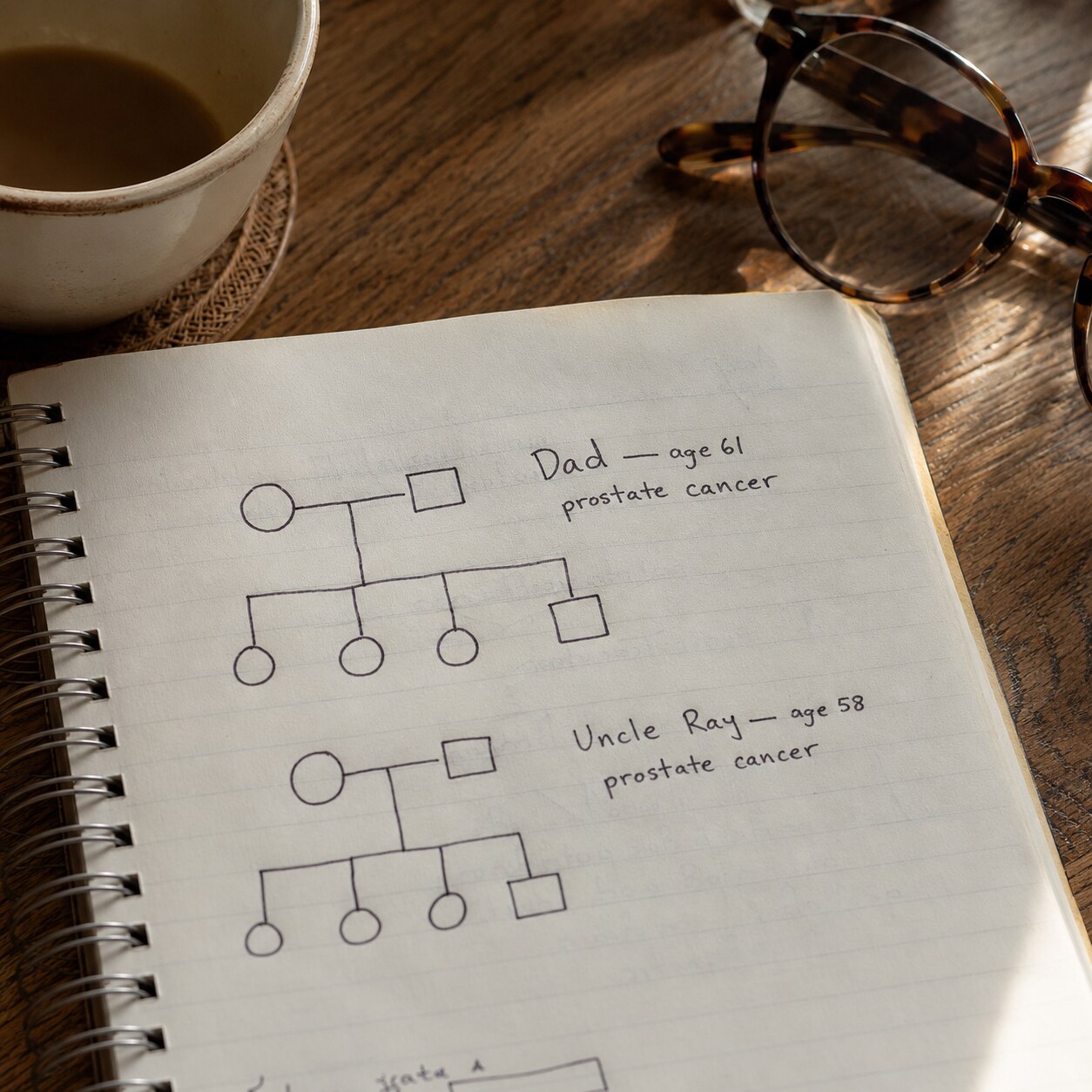 Hand-drawn family tree notebook page on a kitchen table marking relatives affected by prostate cancer