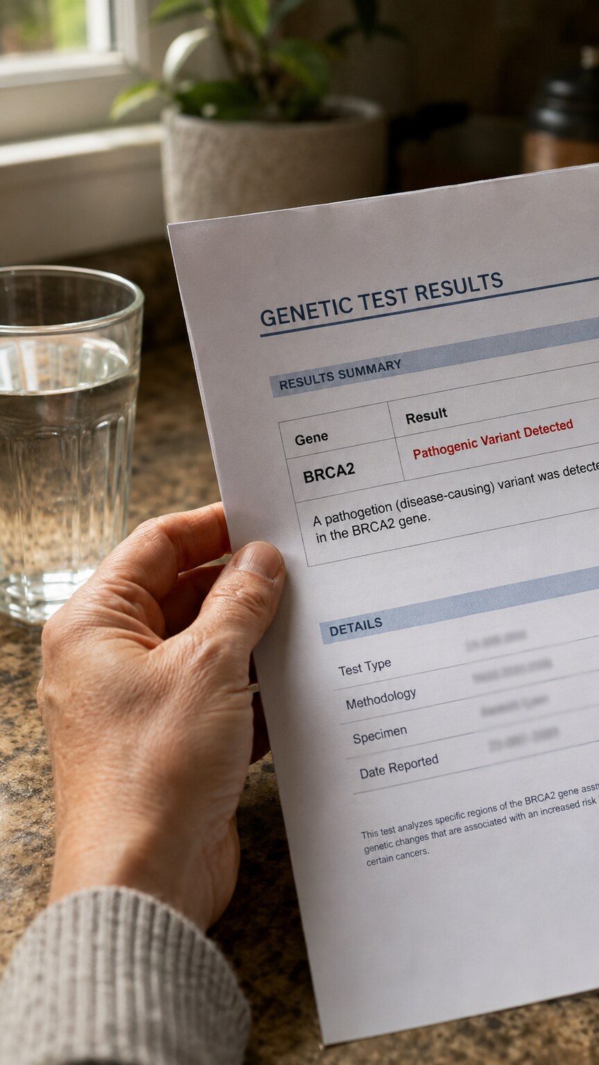 Close-up of a printed genetic test report with a BRCA2 pathogenic variant result held in hand