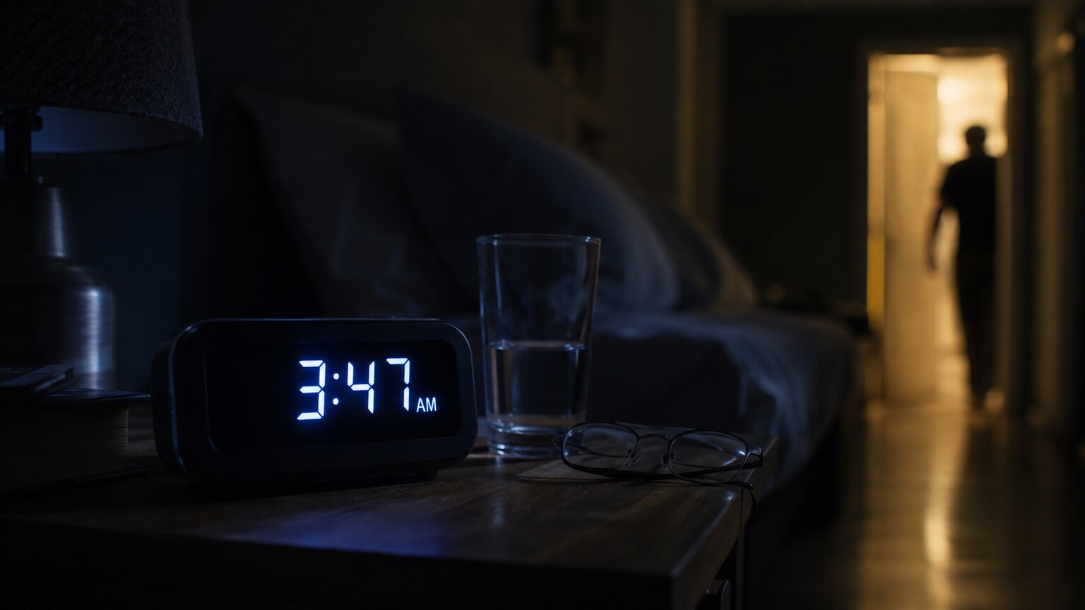 Bedside clock reading 3:47 AM with a hallway light glowing in the background, evoking repeated nighttime urination