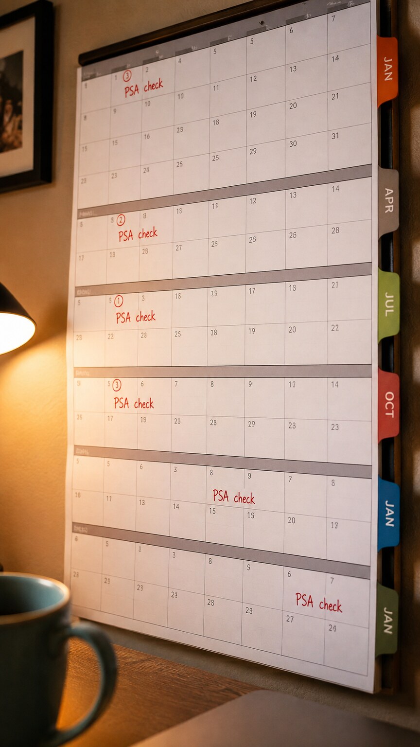 Wall planner marked with recurring follow-up PSA test dates spaced evenly across the months after treatment