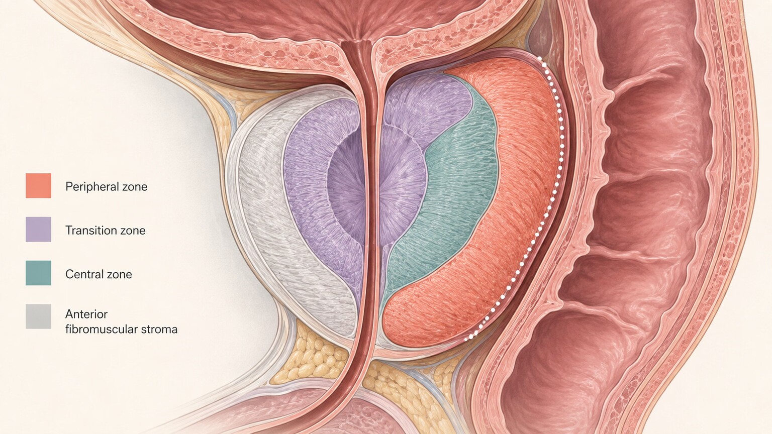 Anatomical cross-section illustration of the prostate gland's four zones, showing only the posterior peripheral zone within reach of a finger during a digital rectal exam