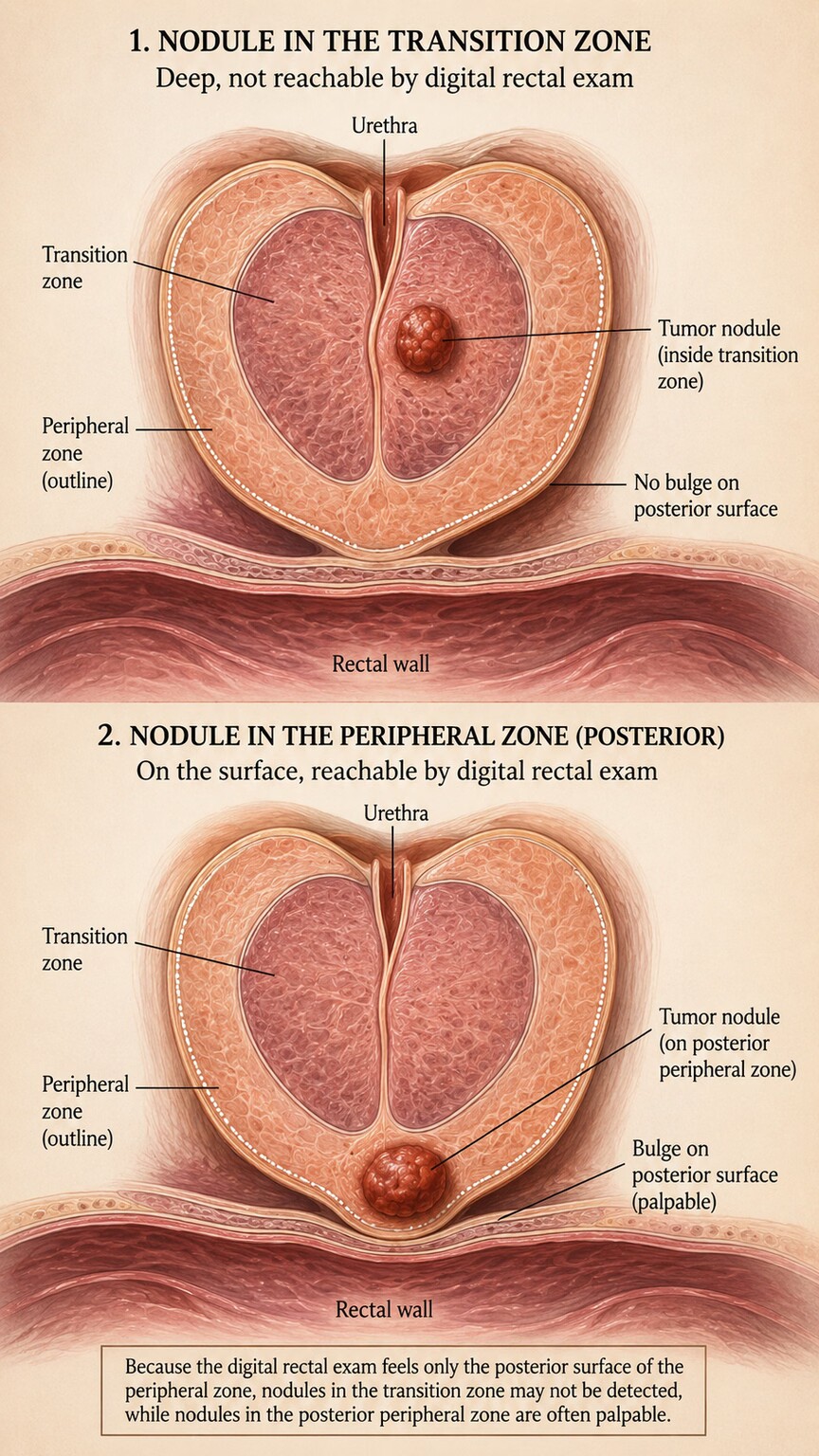 Scientific illustration comparing a small tumor nodule located deep in the prostate's transition zone against one located on the reachable posterior surface