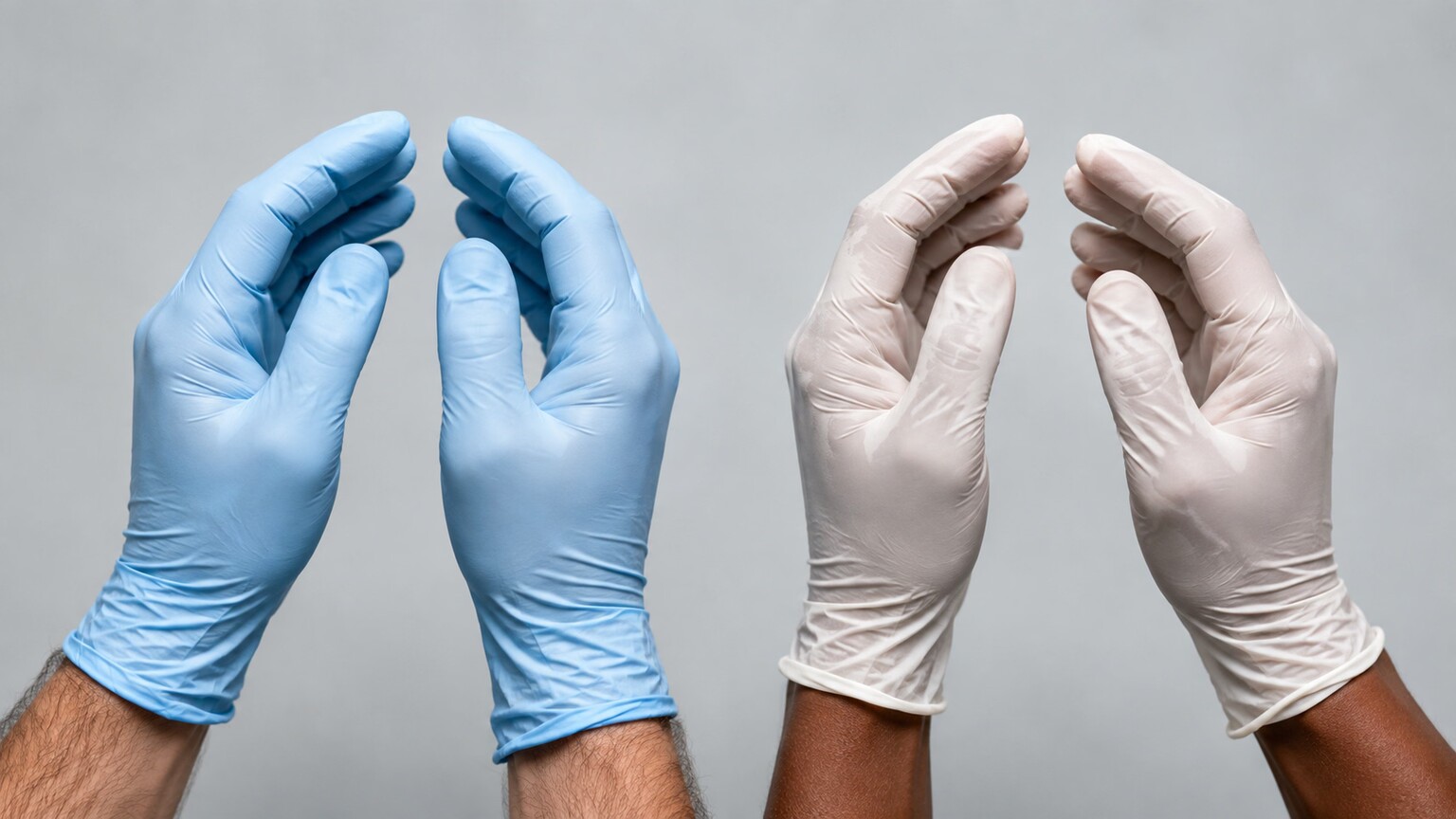 Two different pairs of gloved clinical hands side by side, representing the documented variability in findings between different examiners performing the same physical exam