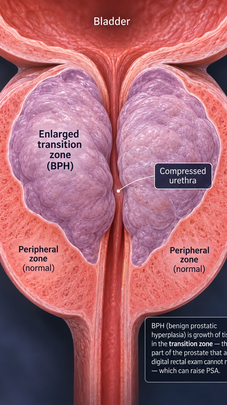 Scientific illustration of benign enlarged prostate tissue expanding within the transition zone, a region outside the reach of a digital rectal exam