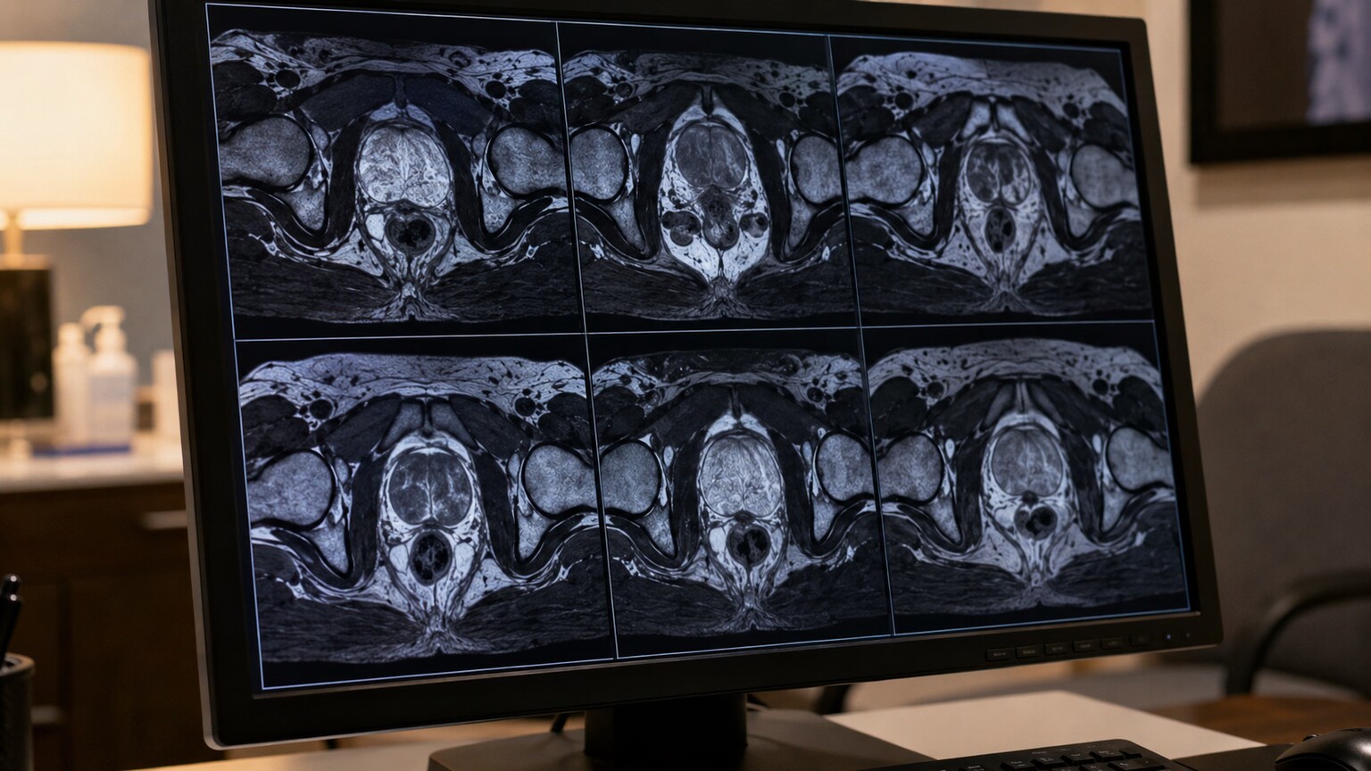 Prostate MRI cross-section images displayed on a clinical monitor during a follow-up consultation, showing zones a physical exam could not assess