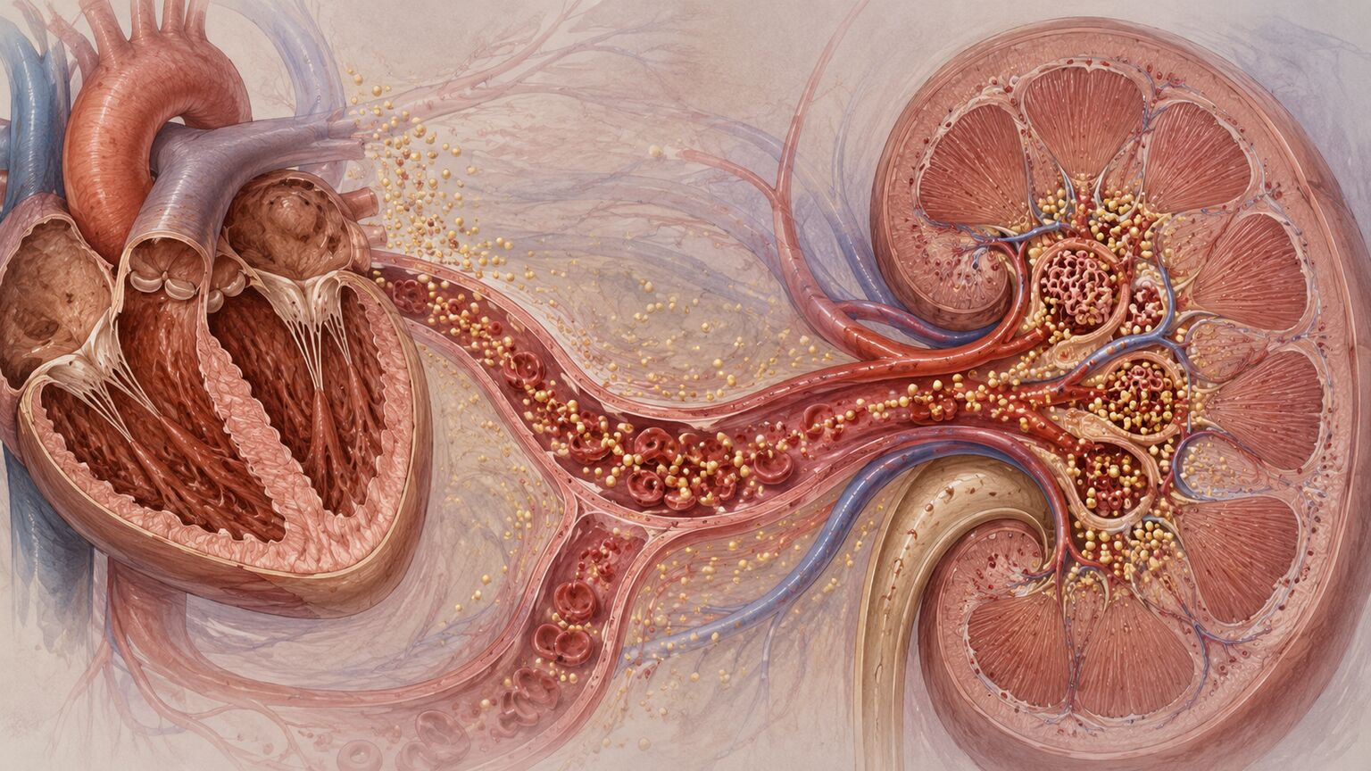 Scientific illustration of the heart releasing BNP into the bloodstream toward a narrowed kidney filtration pathway