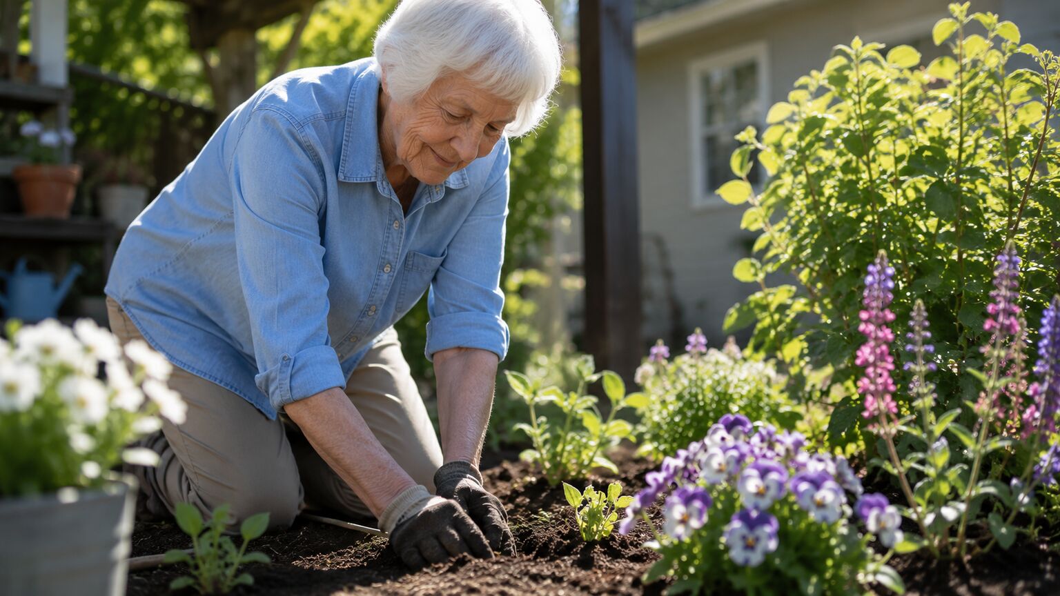 An elderly person kneeling and tending to plants in a garden on a bright afternoon, appearing active and healthy