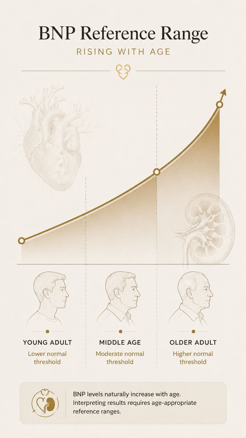 Editorial infographic illustrating how normal BNP reference ranges shift and climb across different age brackets